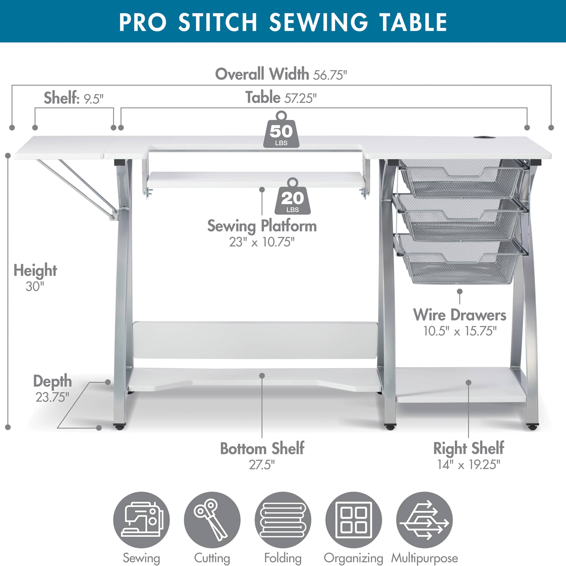 Studio Designs Pro Stitch Sewing Table with dimensions