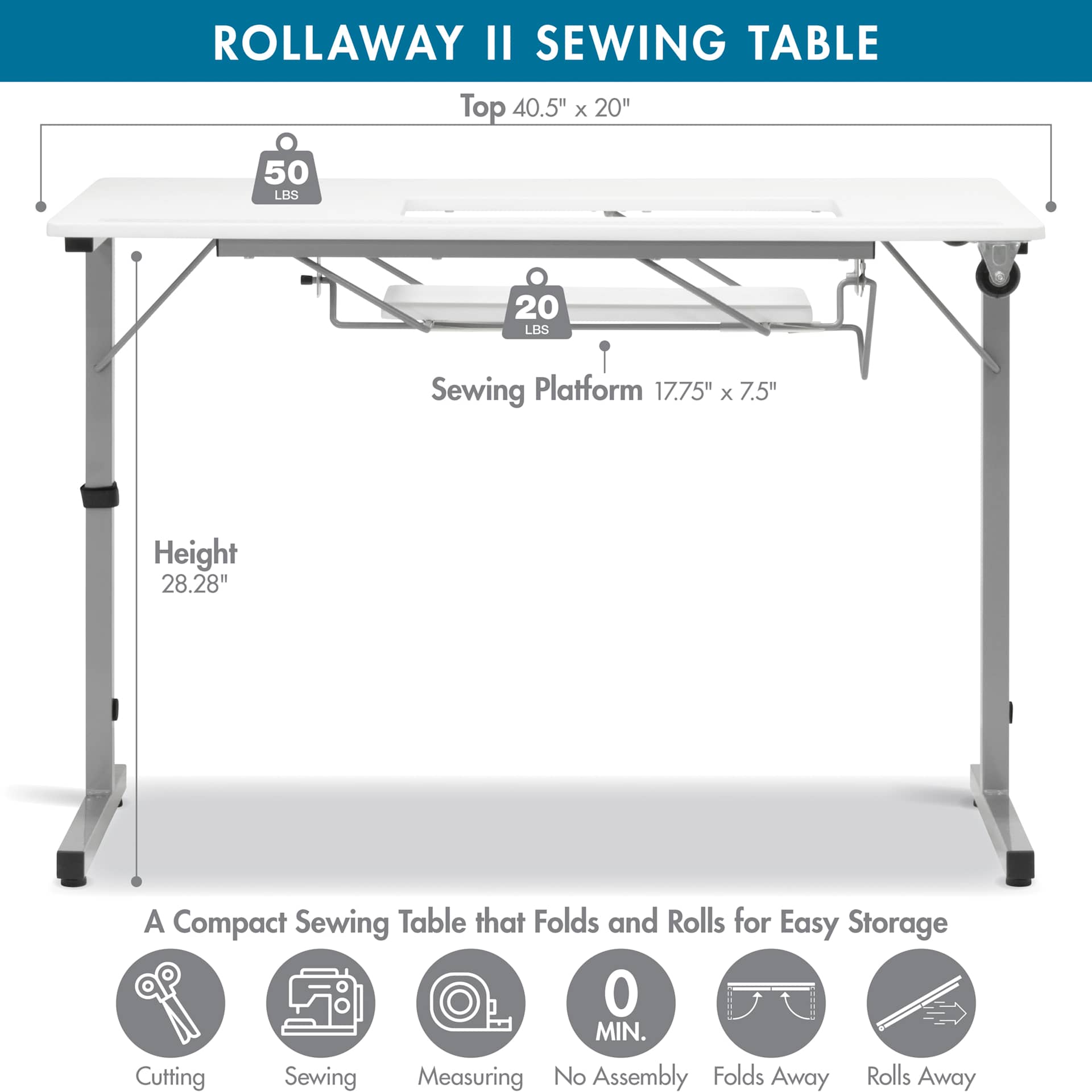 Studio Designs Rollaway II Sewing Table with dimensions