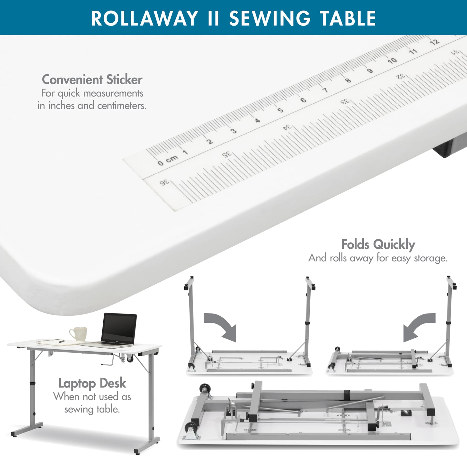 Studio Designs Rollaway II Sewing Table - close-up of table top, and how to fold down