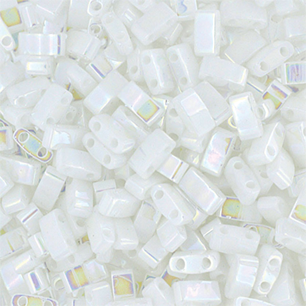 John Bead Miyuki Half Cut Tila Beads - White Pearl, Opaque AB, 5 mm x 2.3 mm (Close-up of beads)