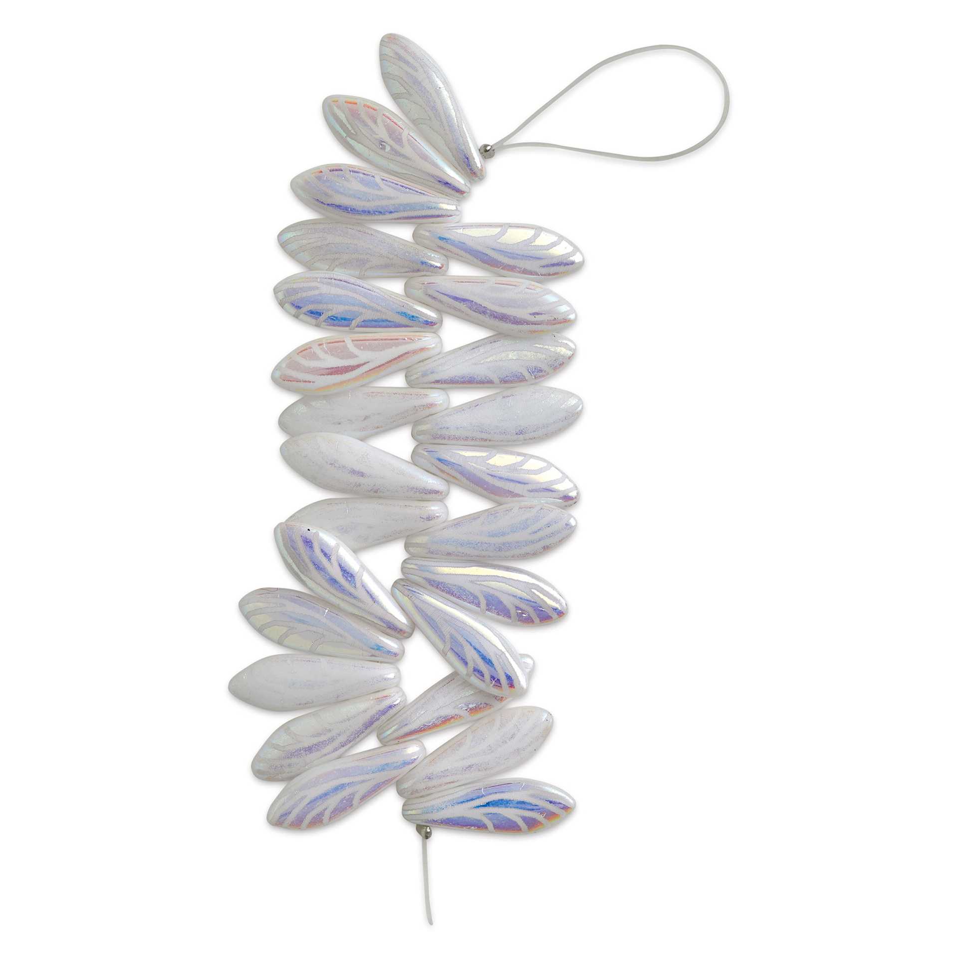 John Bead Czech Glass Laser Etched Dagger Bead Strand - White/White AB, Wing Pattern