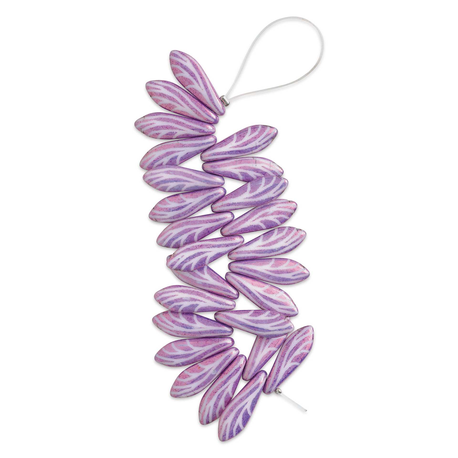 John Bead Czech Glass Laser Etched Dagger Bead Strand - Lilac/White, Wing Pattern
