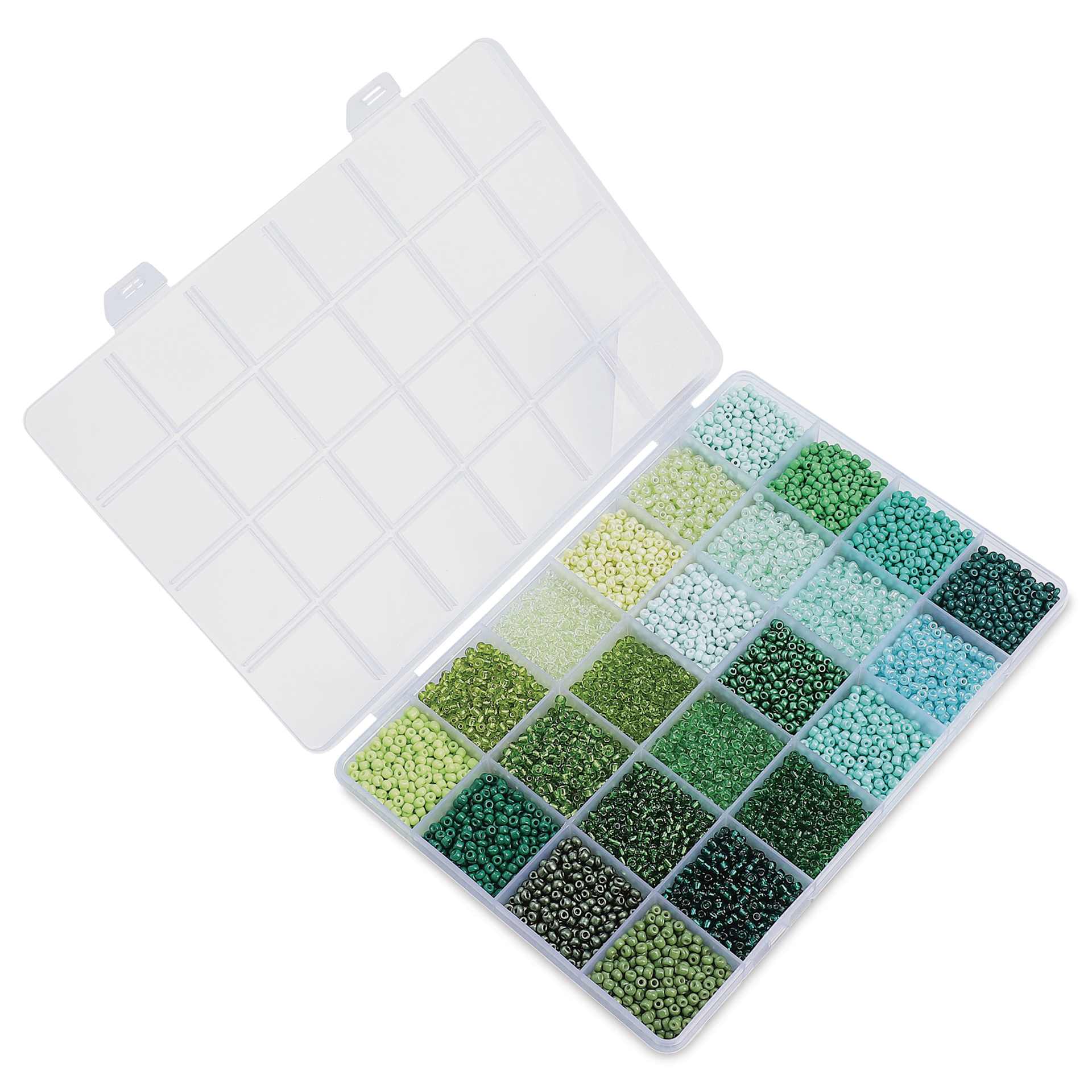 John Bead Color Mix Seed Bead Box - Green Fields, Set of 24 with open lid