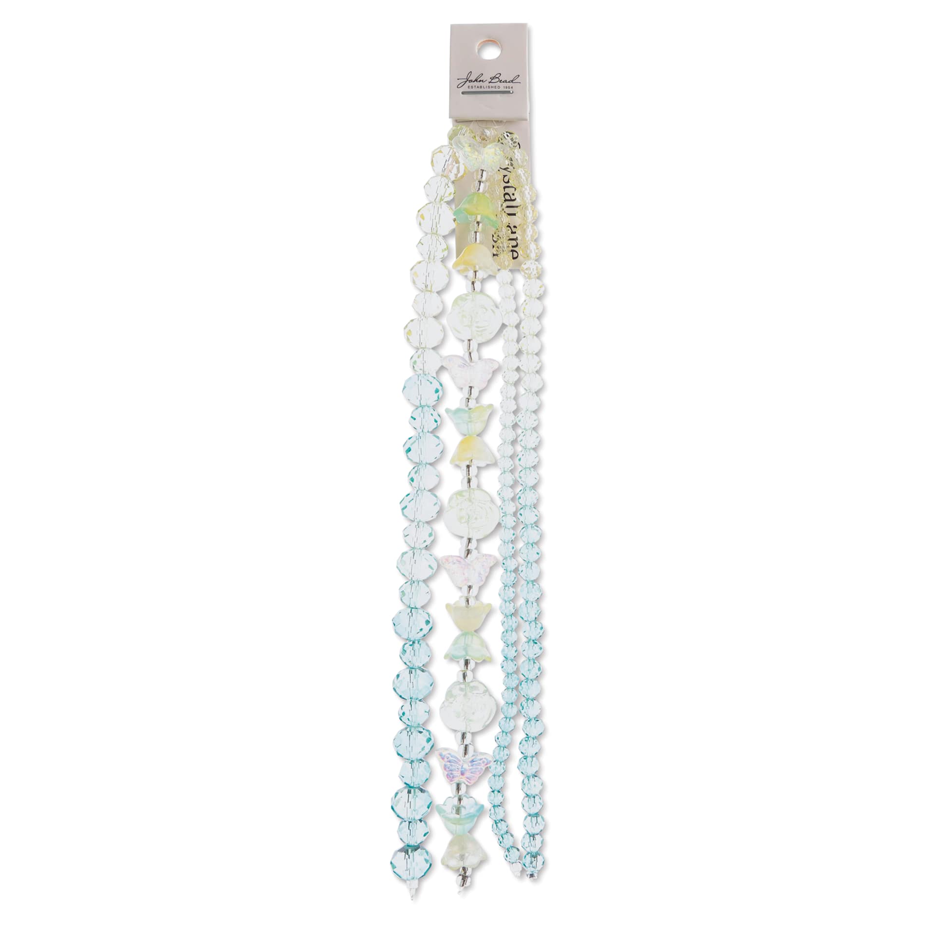 John Bead Crystal Lane DIY Glass Garden Bead Quadruple Strand - Butterflies, Flowers, and Faceted Rondelles, Teal Ombre front of packaging