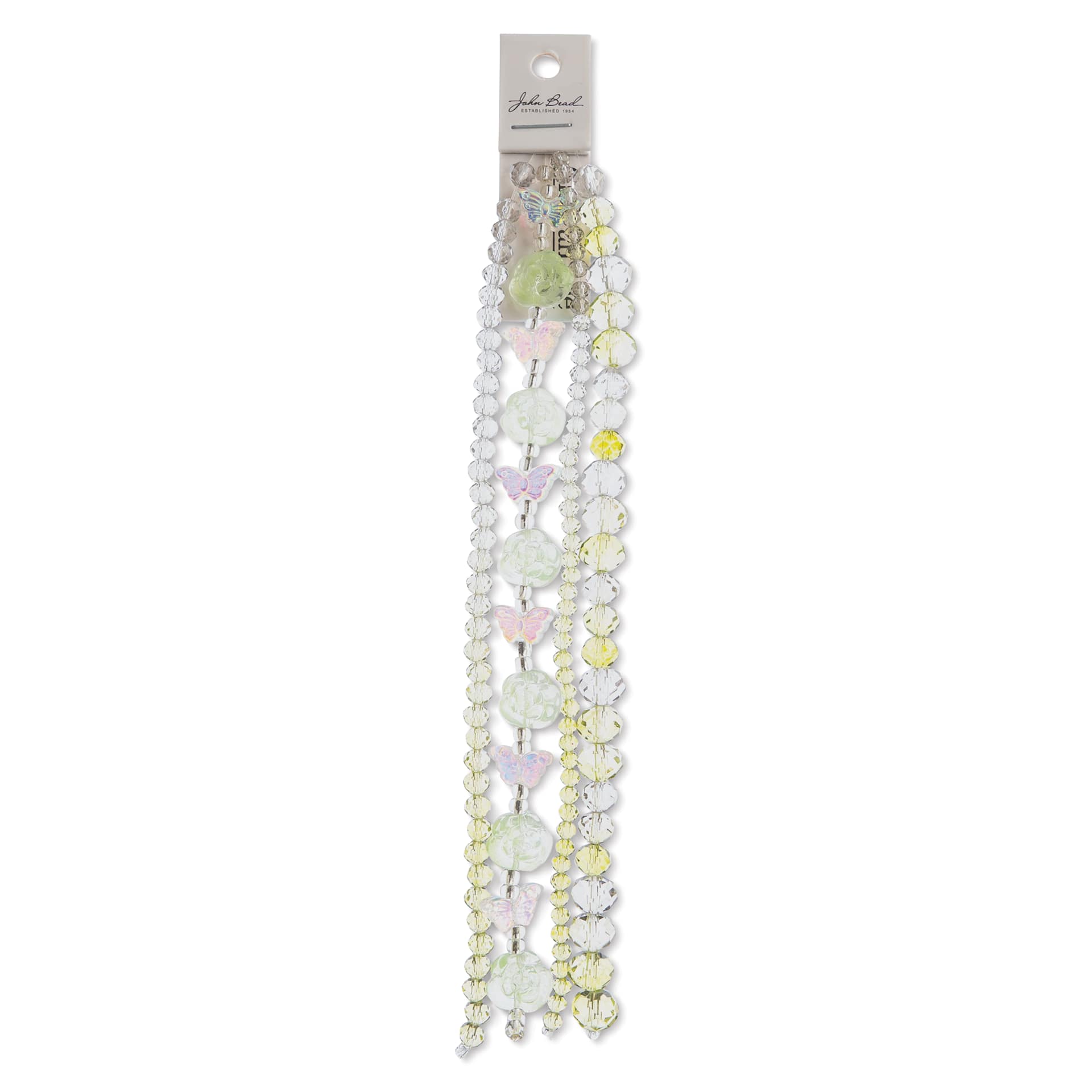 John Bead Crystal Lane DIY Glass Garden Bead Quadruple Strand - Butterflies, Roses, and Faceted Rondelles, Green Ombre front of packaging