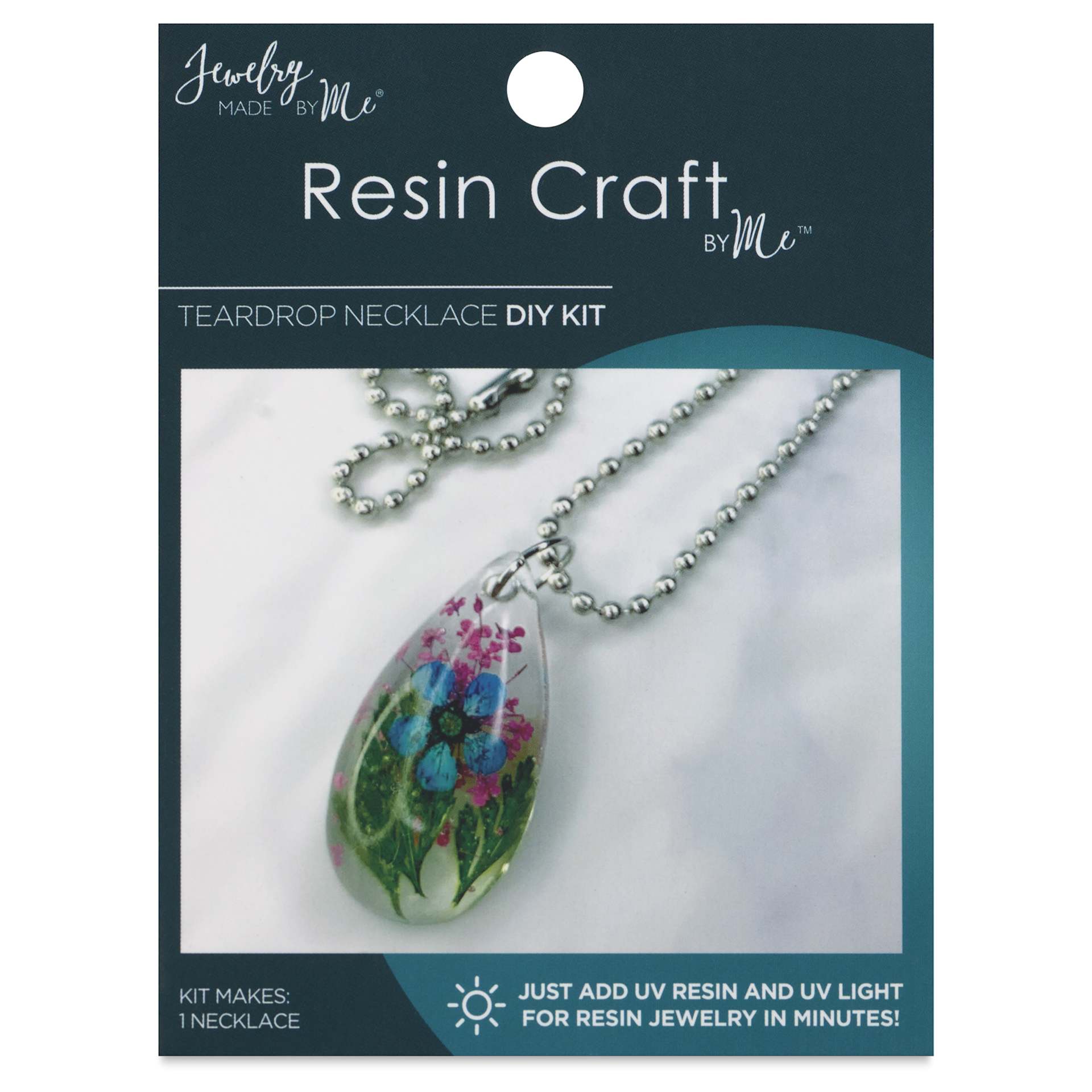 Jewelry Made By Me Teardrop Necklace UV Resin DIY Kit front of packaging (resin sold separately)