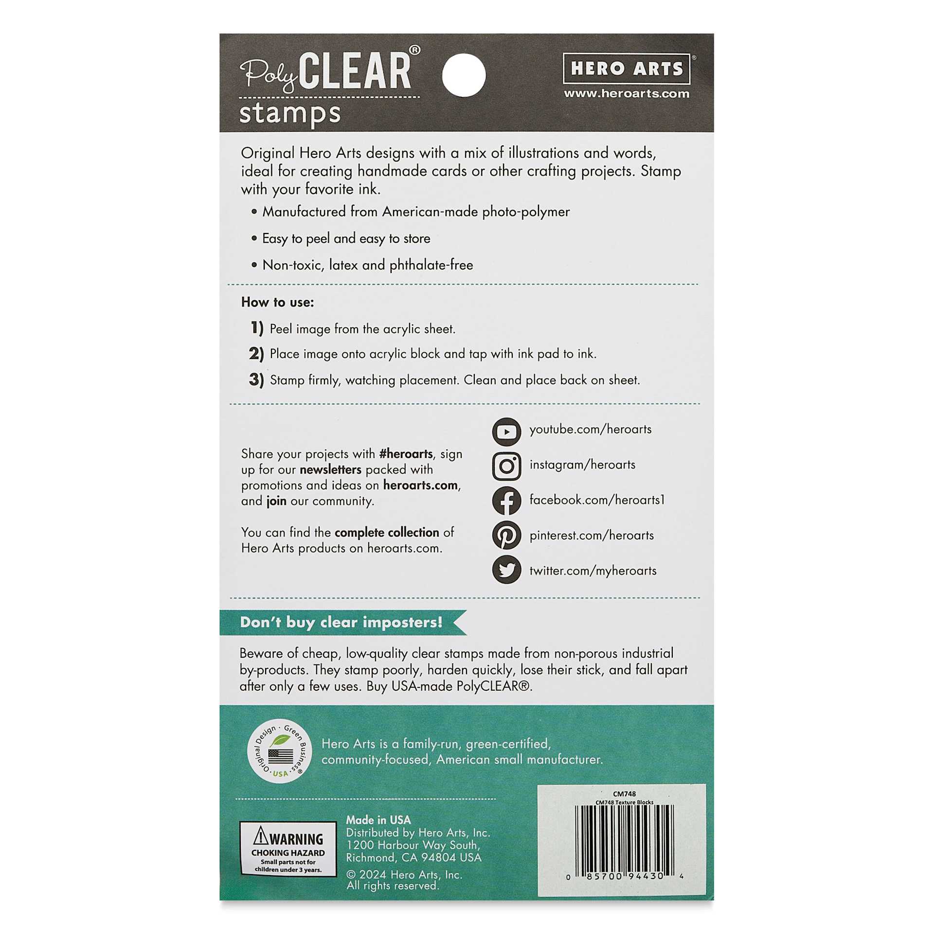 Hero Arts Textures Clear Stamp Set - Set of 6, Texture Blocks, back of packaging