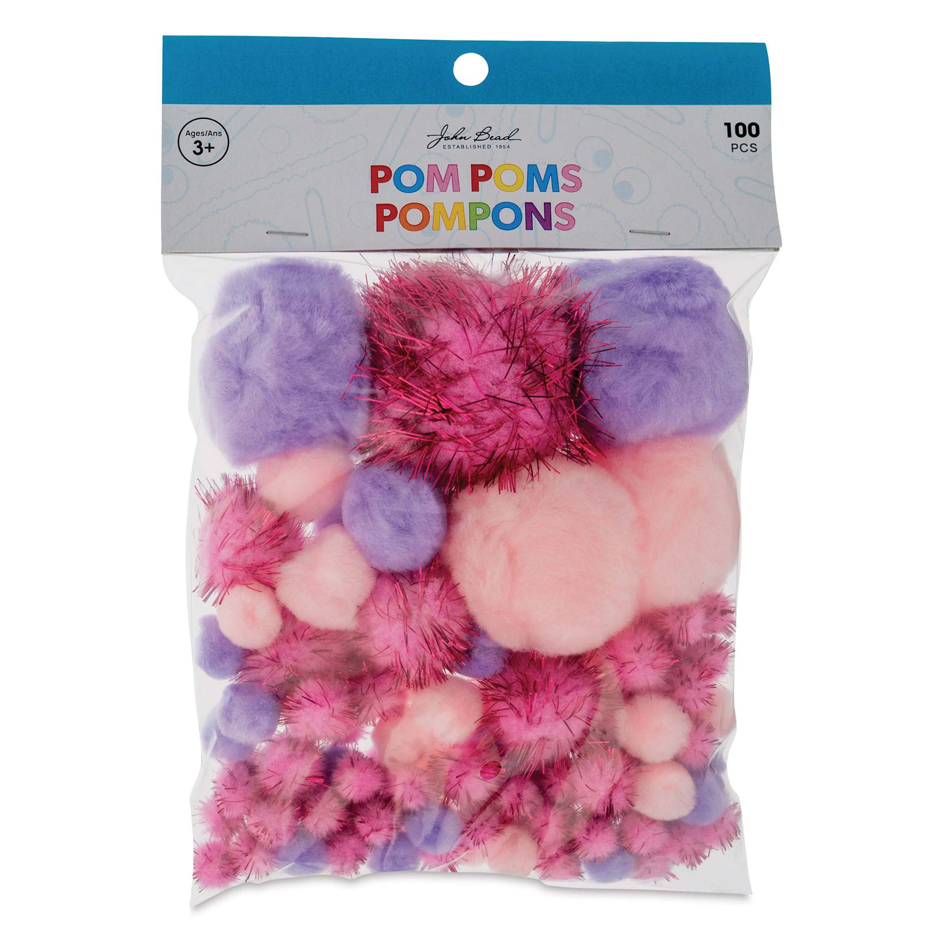 John Bead Pom Poms Assorted Mix - Pkg of 100, Princess Mix front of packaging