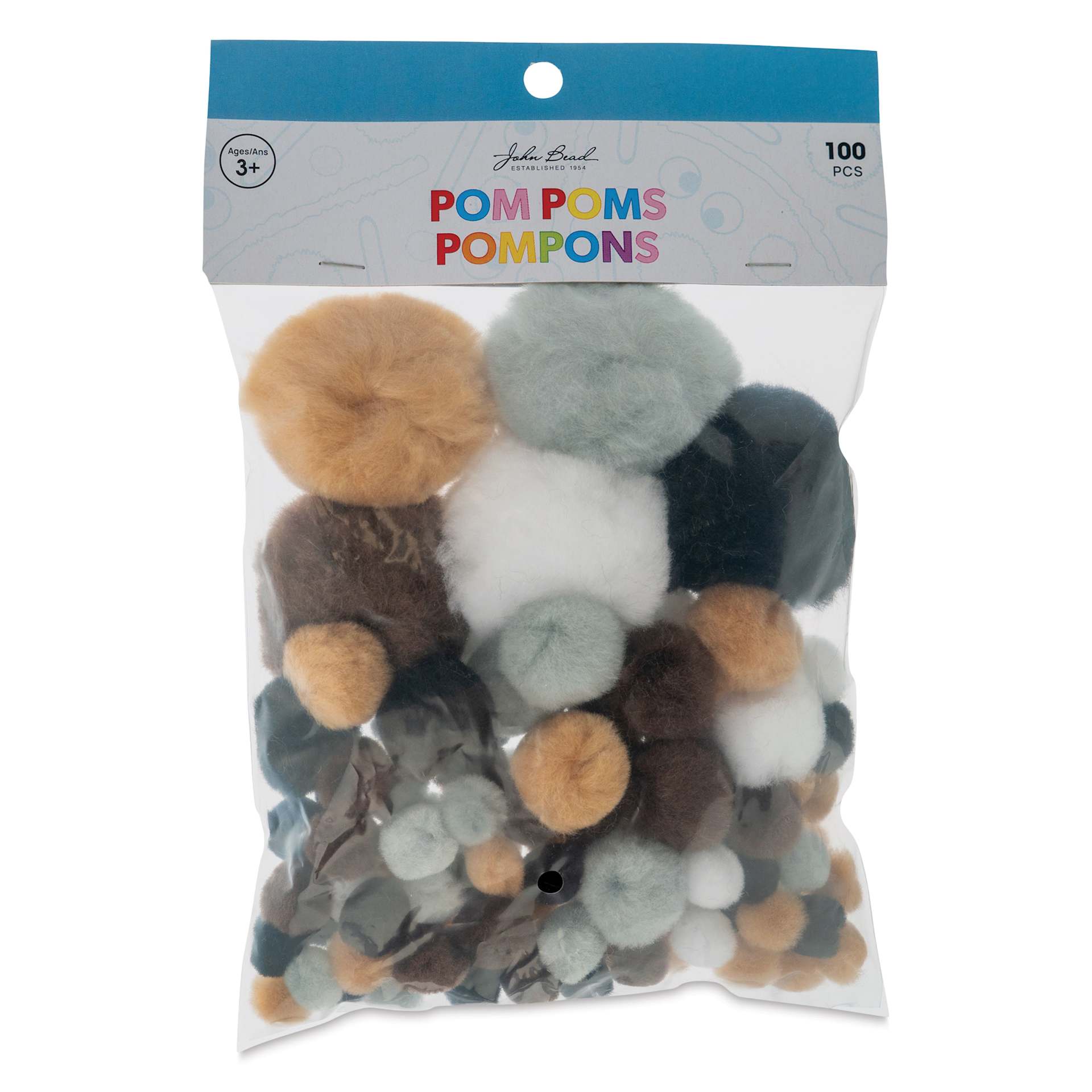 John Bead Pom Poms Assorted Mix - Pkg of 100, Earth Mix front of packaging