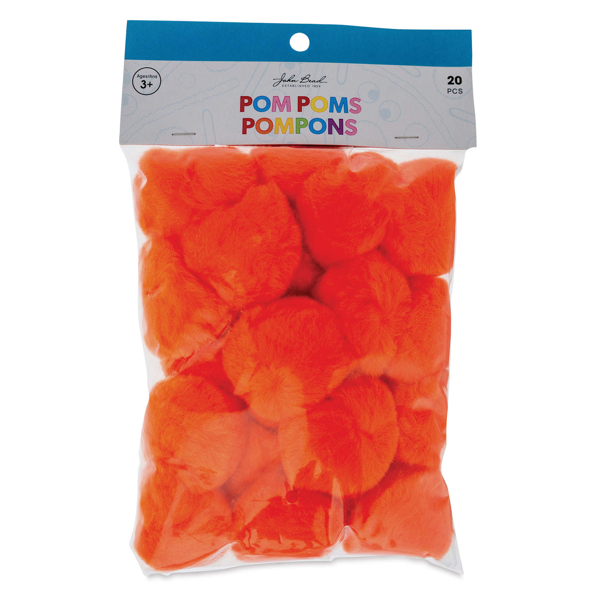 John Bead Pom Poms - Pkg of 20, Dark Orange, 2" front of packaging