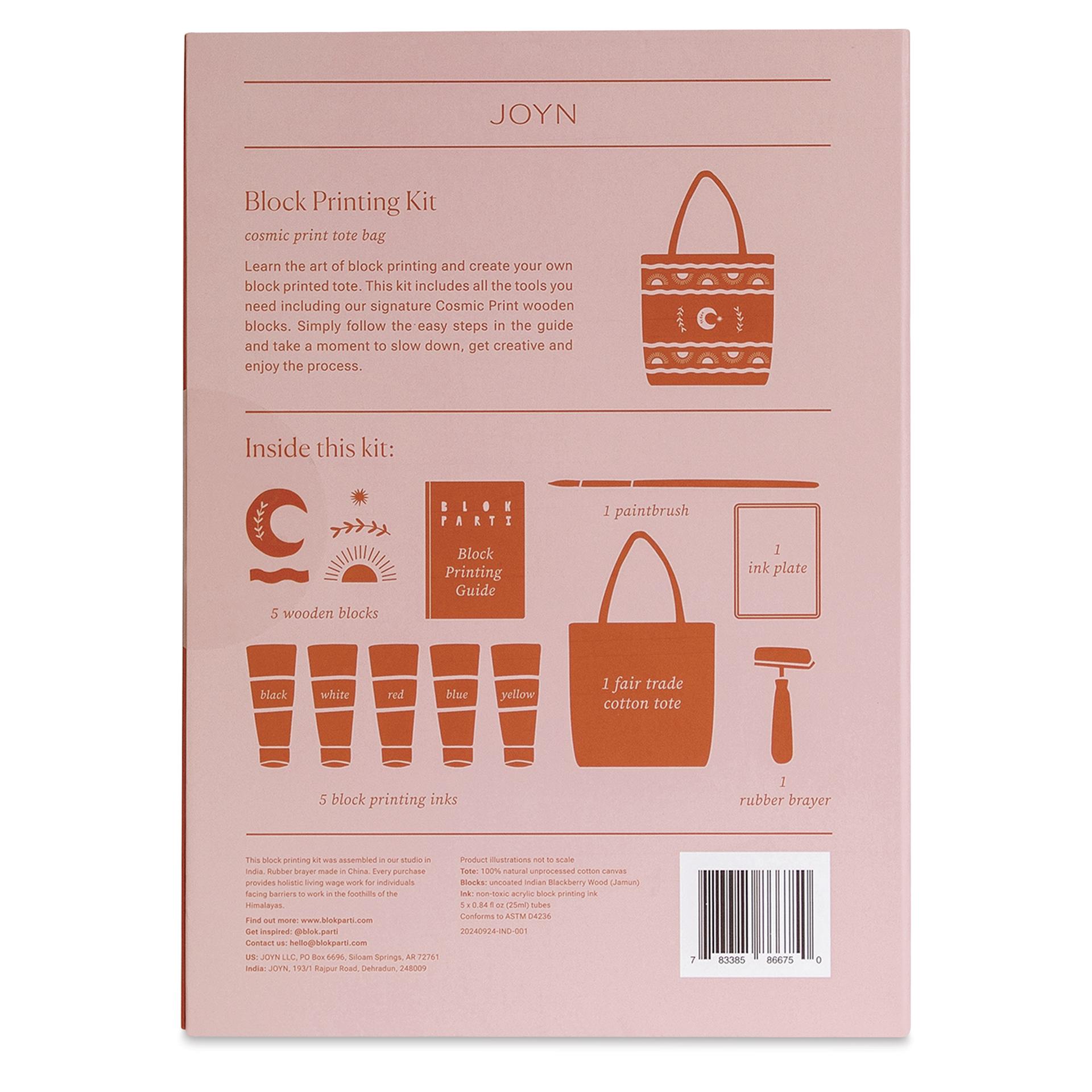 JOYN Blok Parti Block Printing Kit - Cosmic, back of packaging