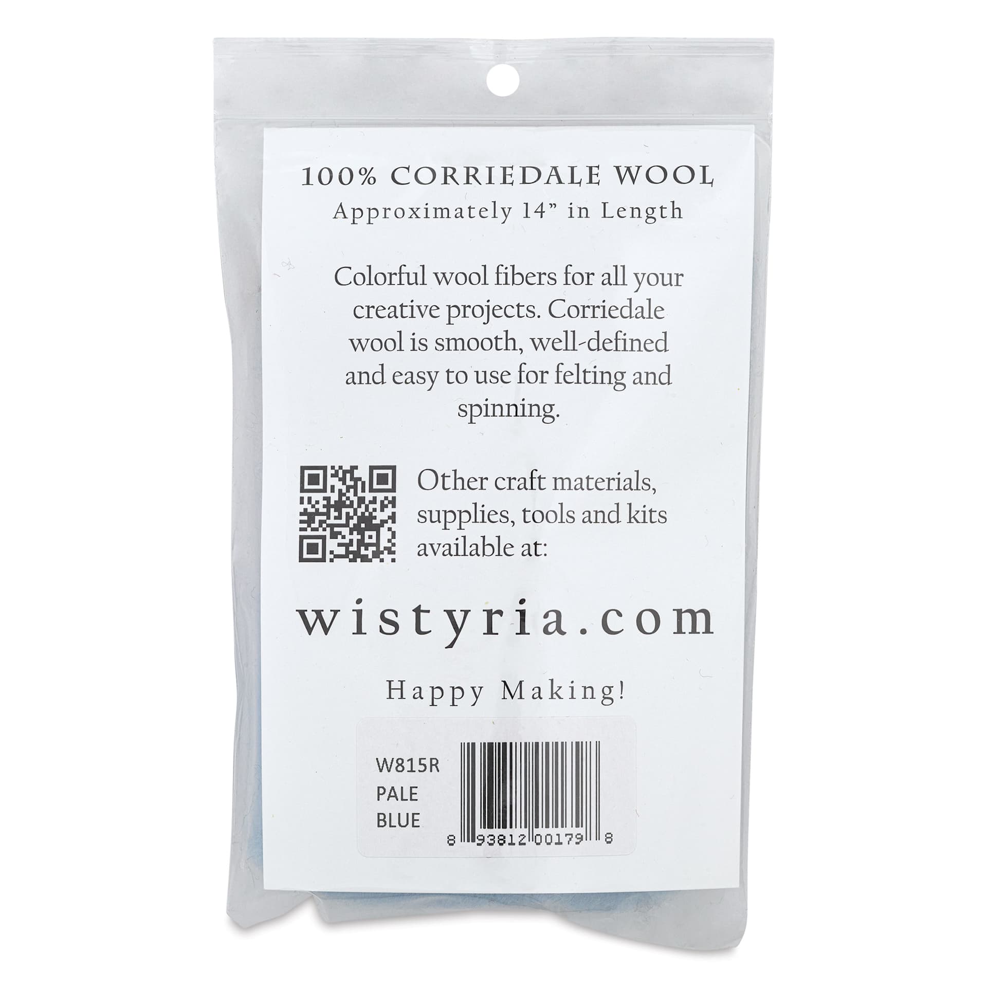 Wistyria Editions 100% Wool Roving - Pale Blue, 14" - back of packaging