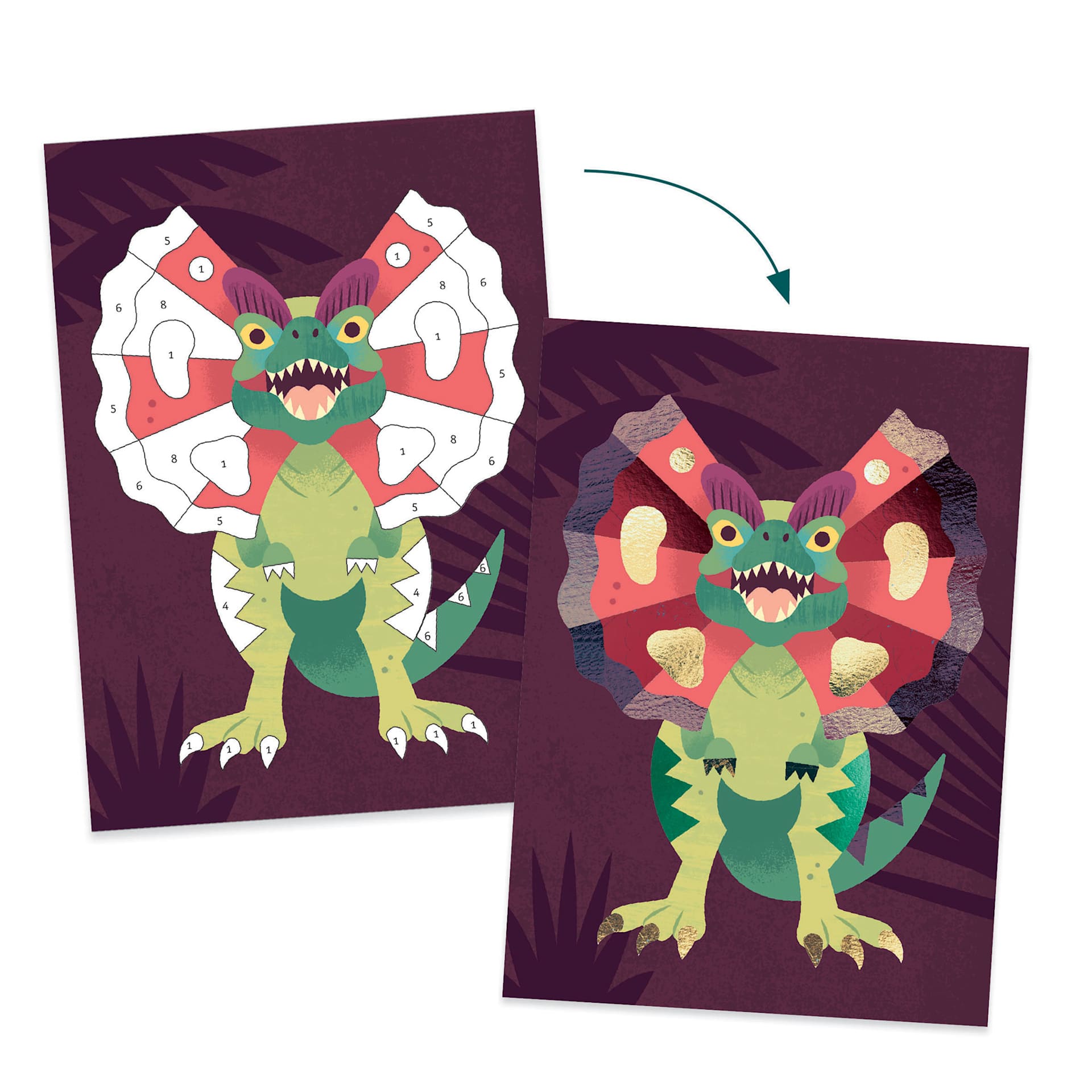 Djeco Le Grand Artist Foil Board Kit - Jurassic (Dilophosaurus before and after foiling)