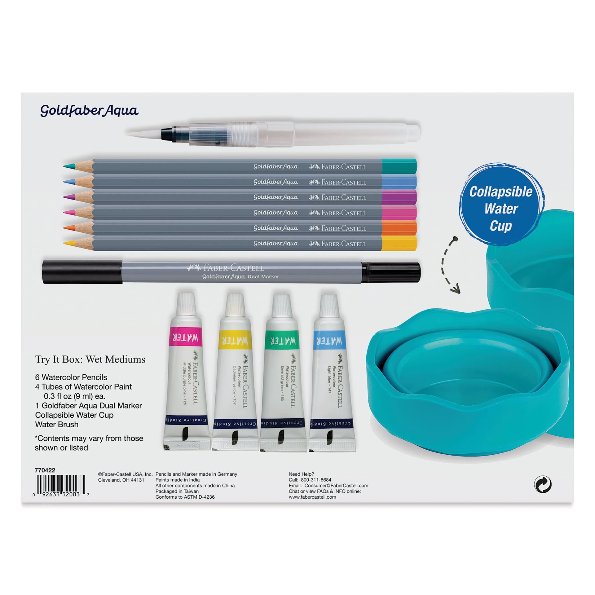 Faber-Castell Creative Studio Try It Box - Wet Mediums Set, back of the packaging