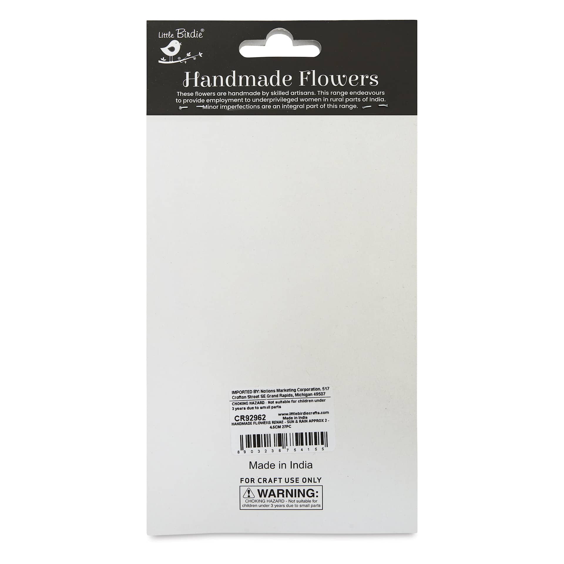 Little Birdie Renae Paper Flowers - Sun & Rain, Pkg of 27 - back of packaging
