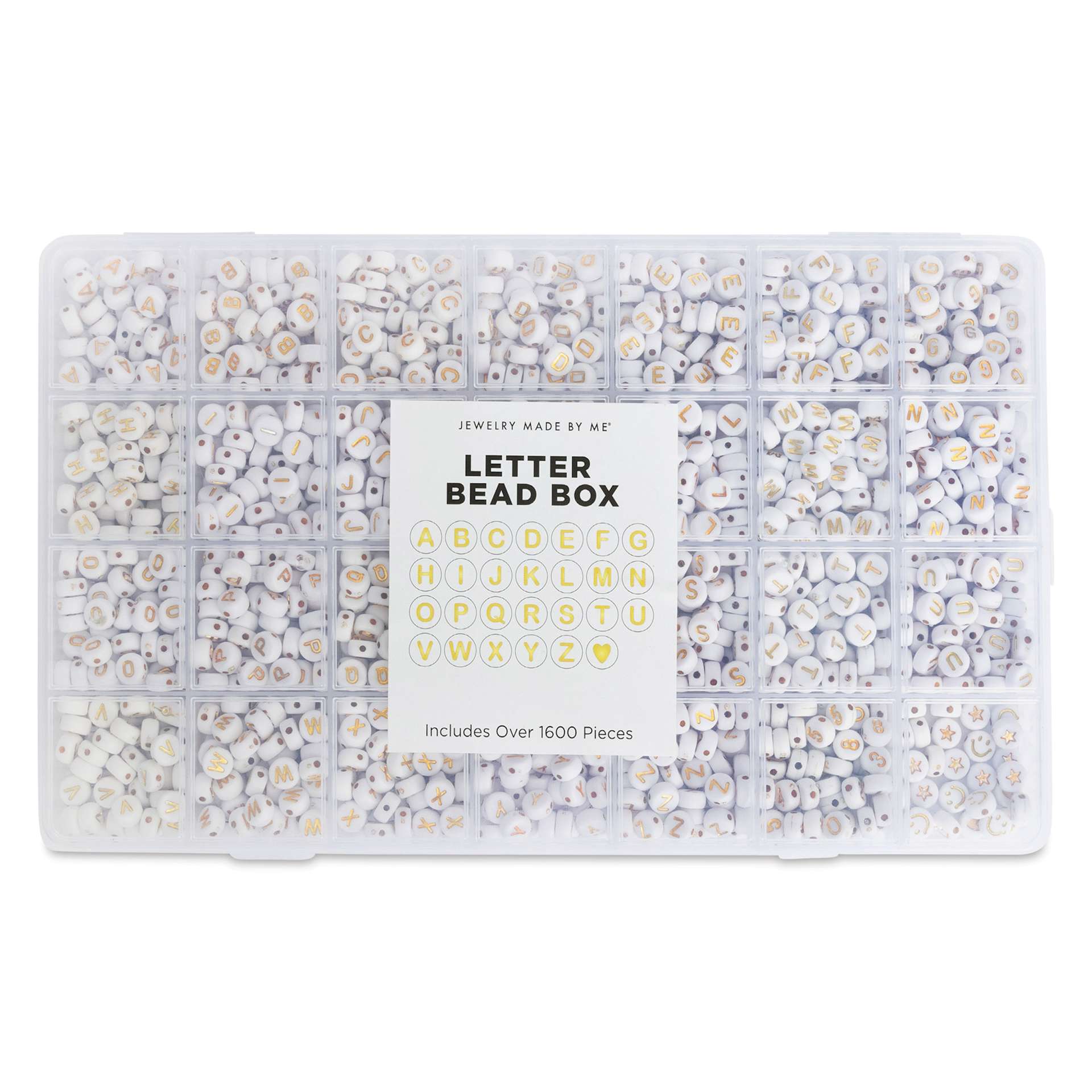 Jewelry Made By Me Letter Bead Box - Pkg of 1,600, White Beads, Gold Letters with lid closed