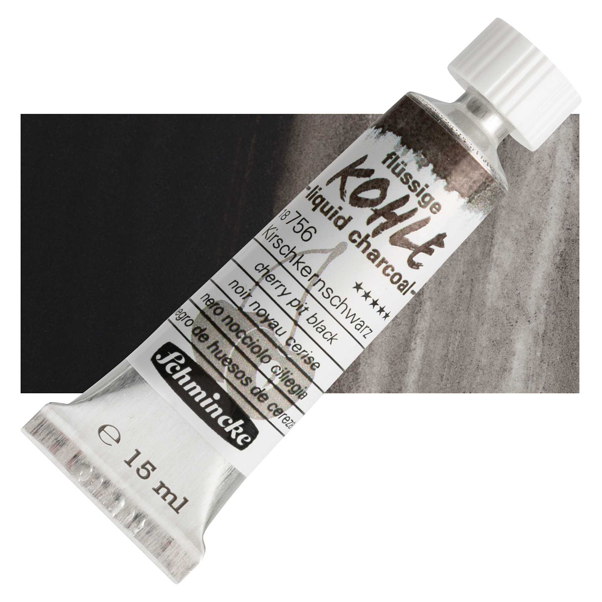 Schmincke Liquid Charcoal - Cherry Pit Black, 15 ml Tube and swatch