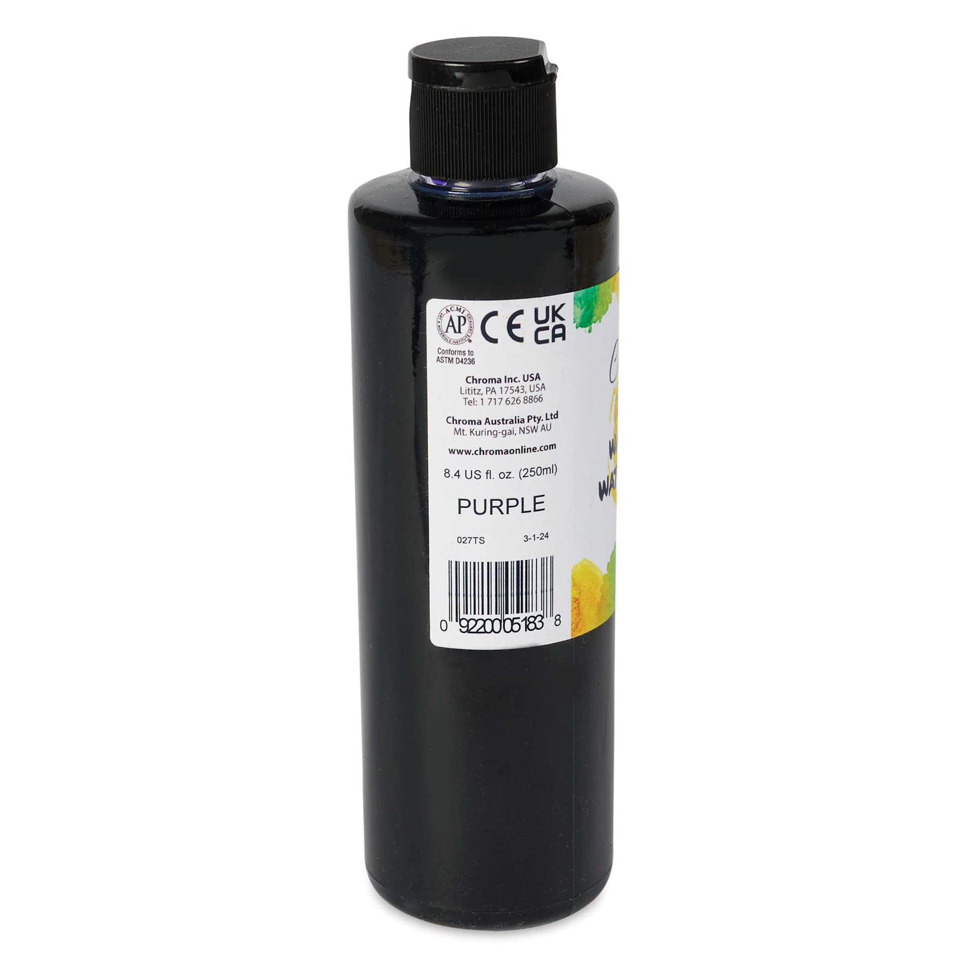 Chroma Liquid Washable Watercolor Paint - Purple, 8.4 oz, Bottle, back