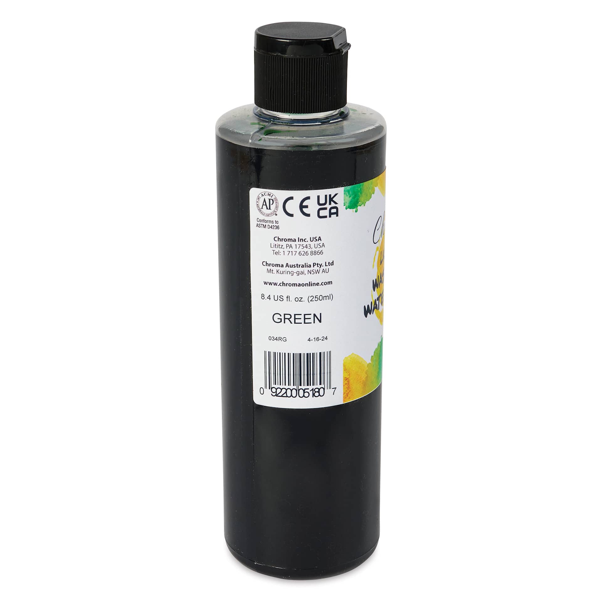 Chroma Liquid Washable Watercolor Paint - Green, 8.4 oz, Bottle, back