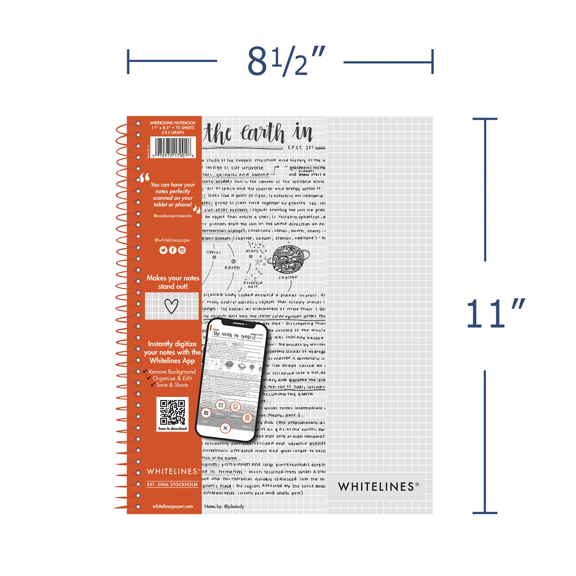 Roaring Spring Whitelines Wirebound Notebook - Grid, 8-1/2" x 11", 70 Sheets, dimensions