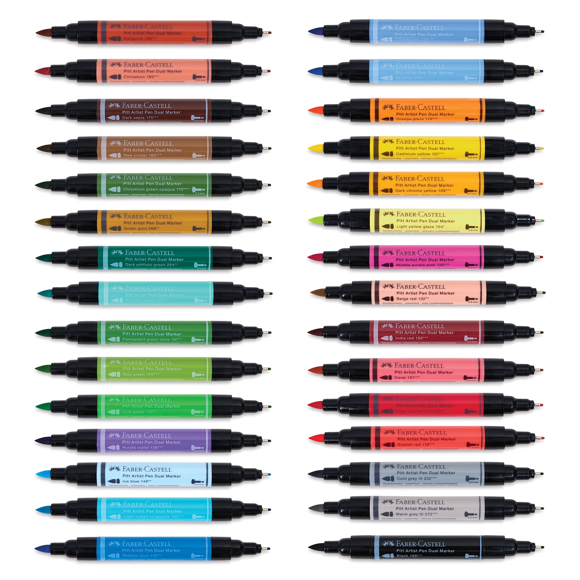 Faber-Castell Pitt Artist Pen Dual Tip Markers - Set of 30 with caps off