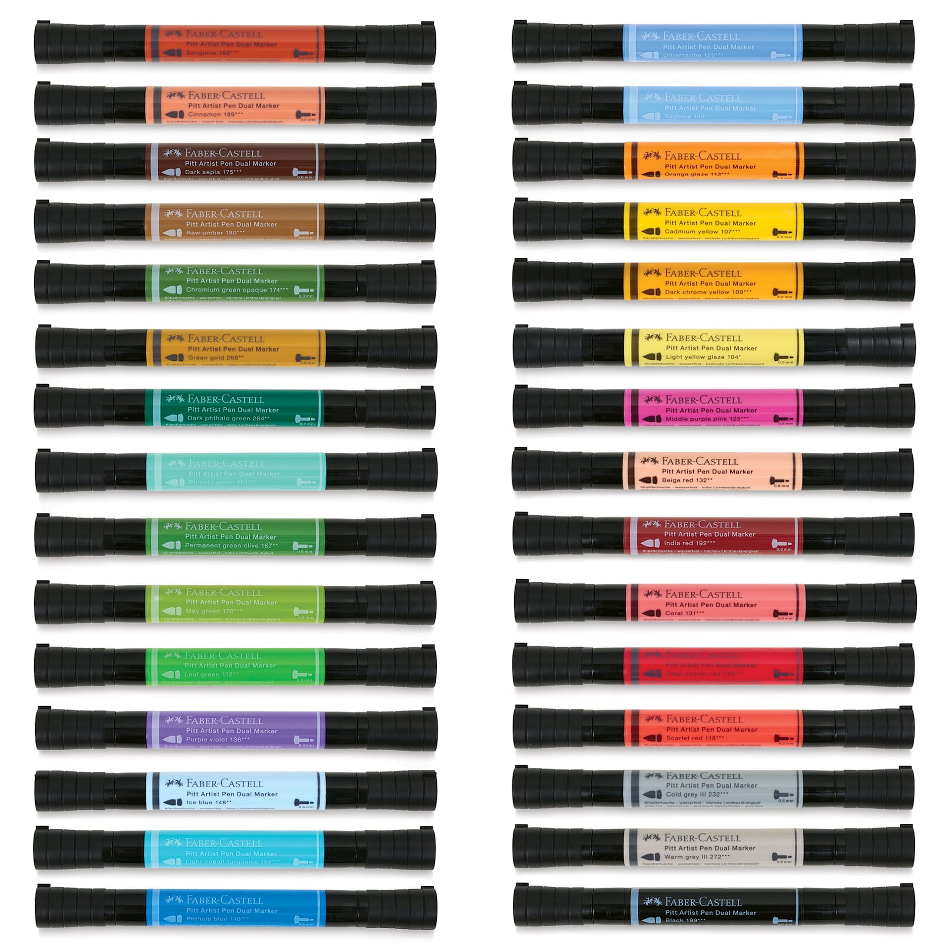 Faber-Castell Pitt Artist Pen Dual Tip Markers - Set of 30 with caps on