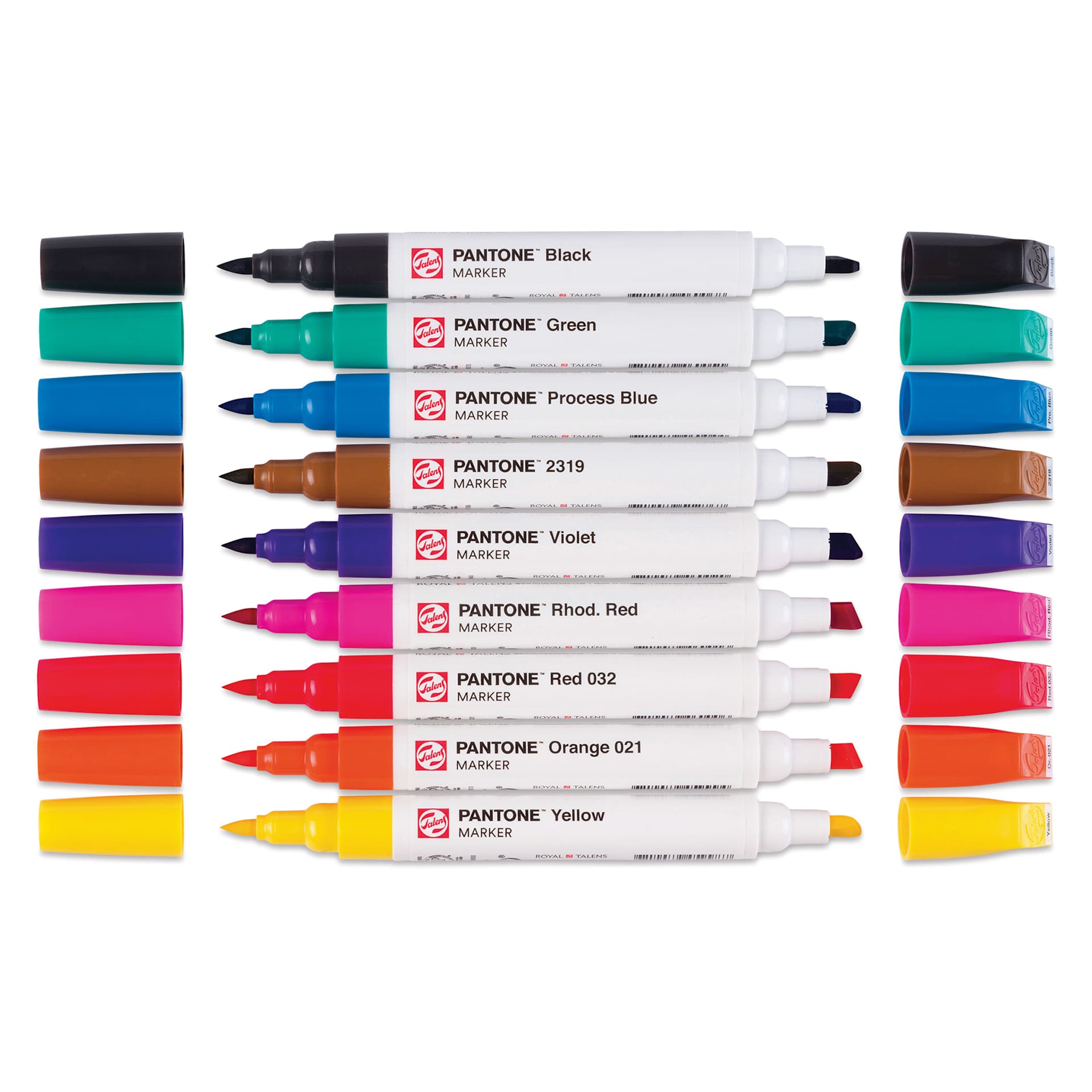 Pantone Dual Tip Markers - Primary, Set of 9, markers laid out with caps off