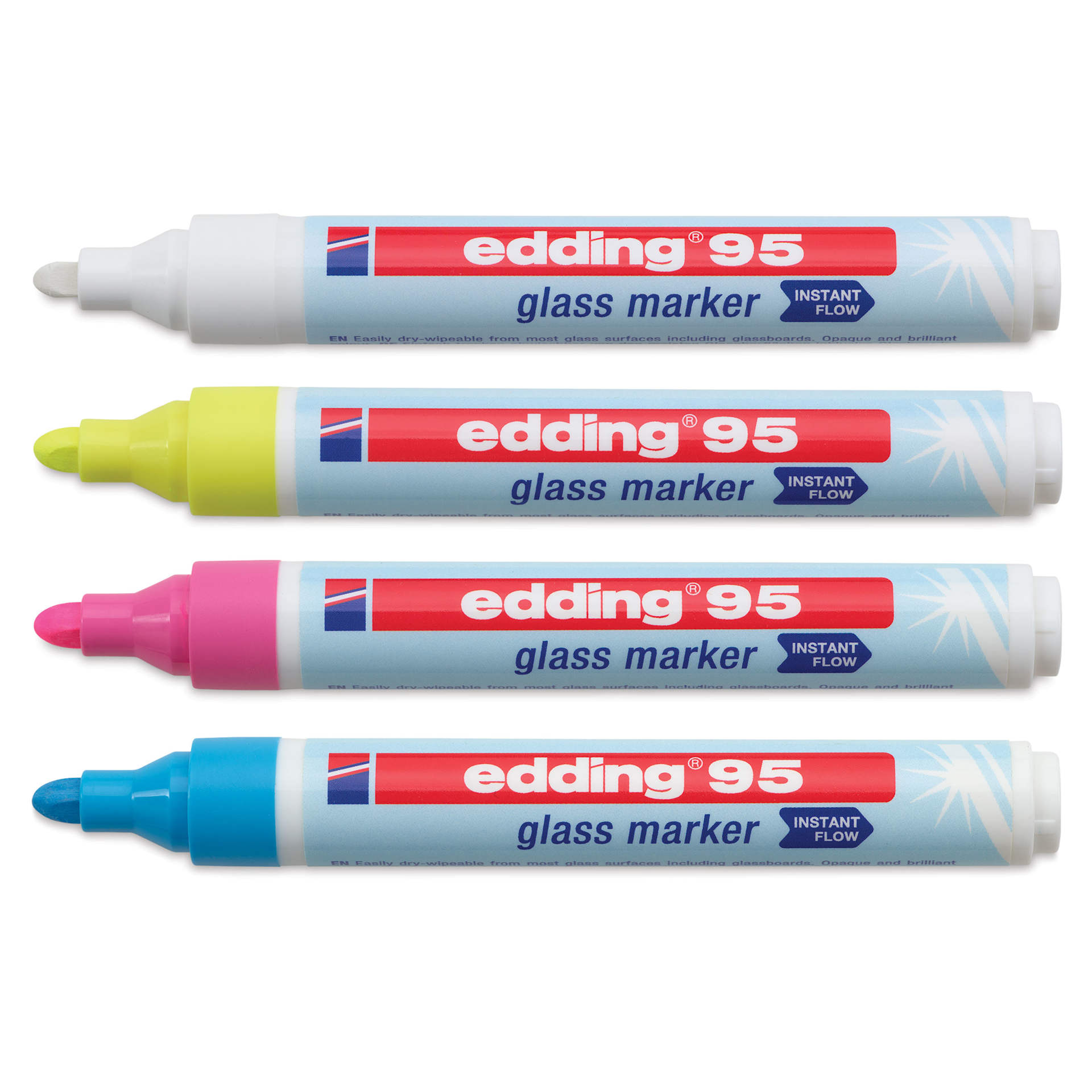 Edding 95 Glass Markers - Light Colors, Set of 4, markers laid out with caps off