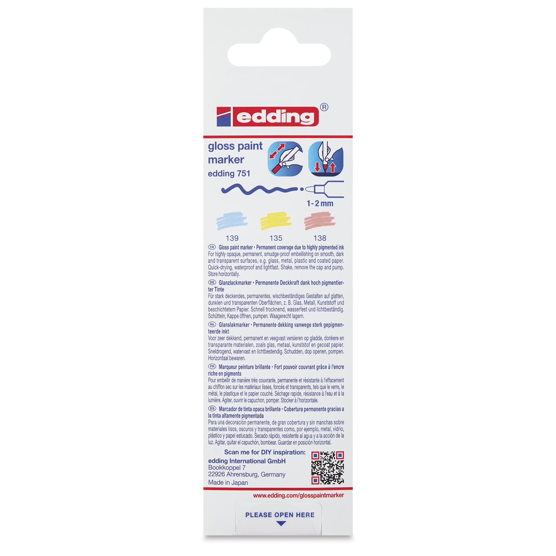 Edding Gloss Paint Markers - Pastel Colors, Set of 3, Round Nib, 1-2 mm, back of the pack