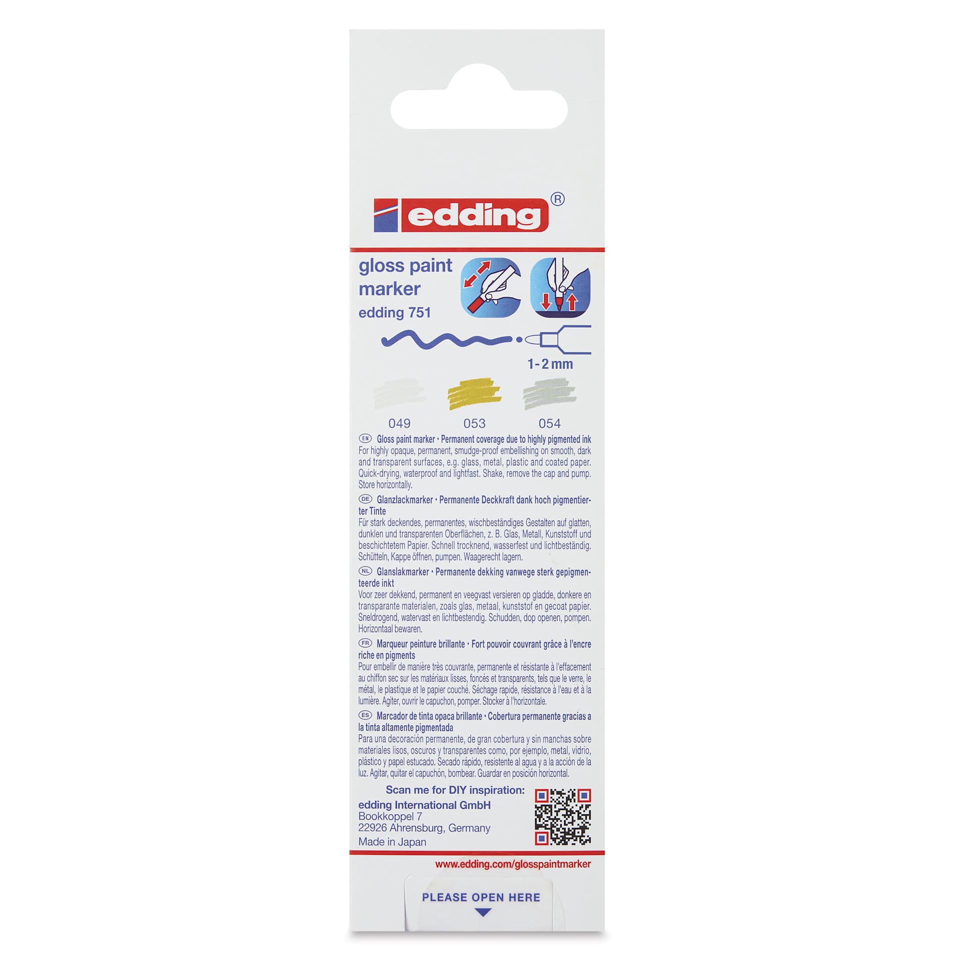 Edding Gloss Paint Markers - Metallic Colors, Set of 3, Round Nib, 1-2 mm, back of the pack