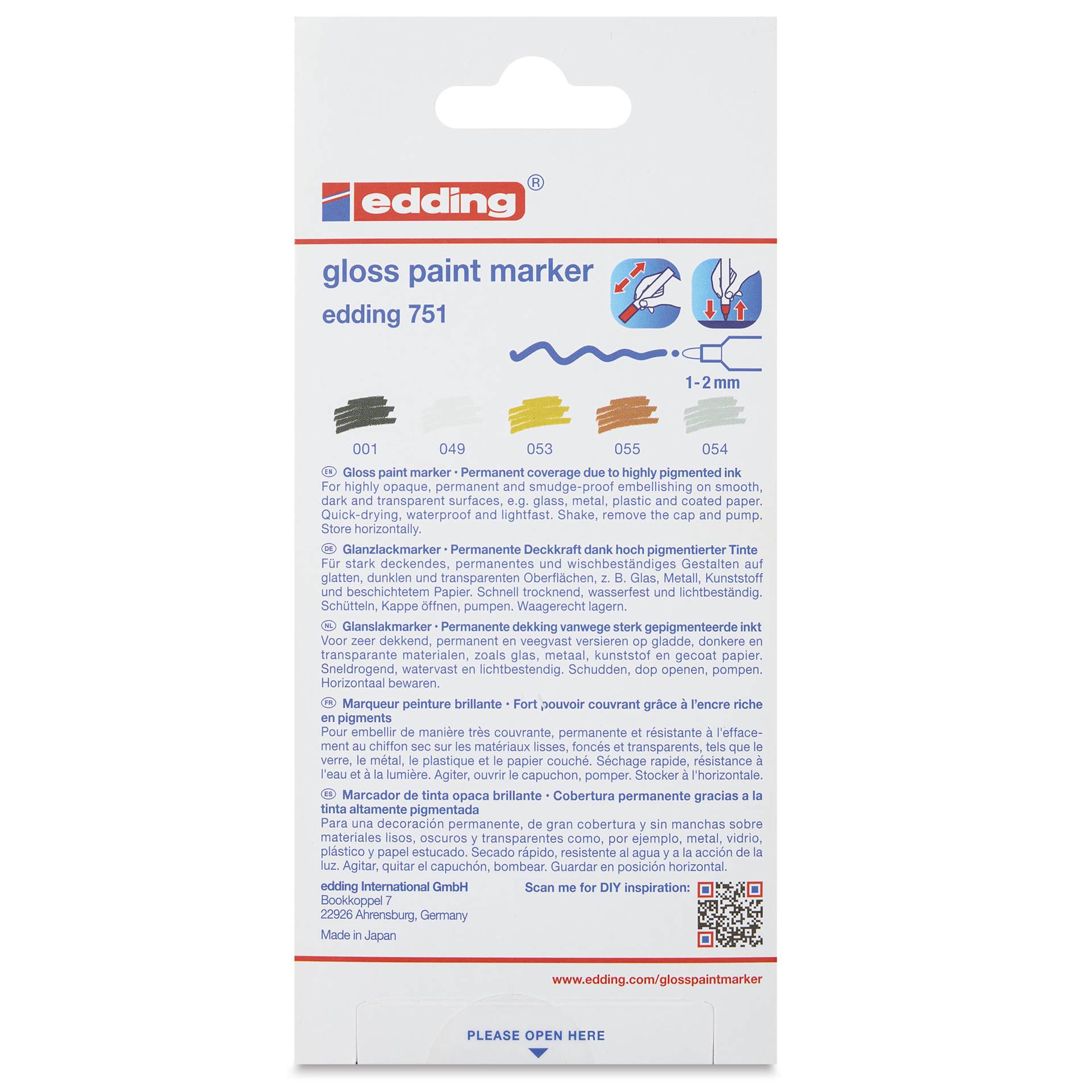 Edding Gloss Paint Markers - Metallic Colors, Set of 5, Round Nib, 1-2 mm, back of the pack