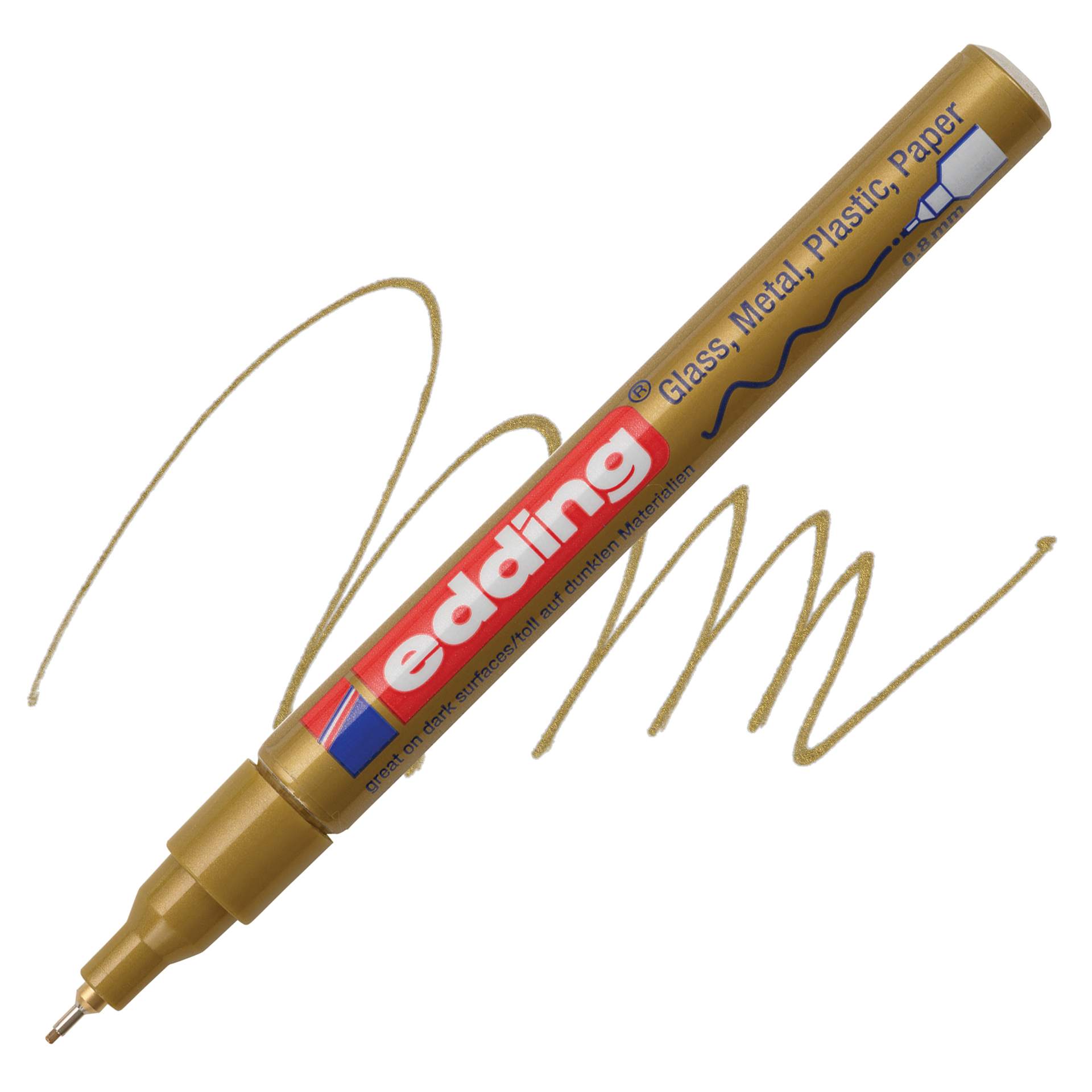 Edding Gloss Paint Marker - Gold, Round Nib, 0.8 mm, swatch and marker