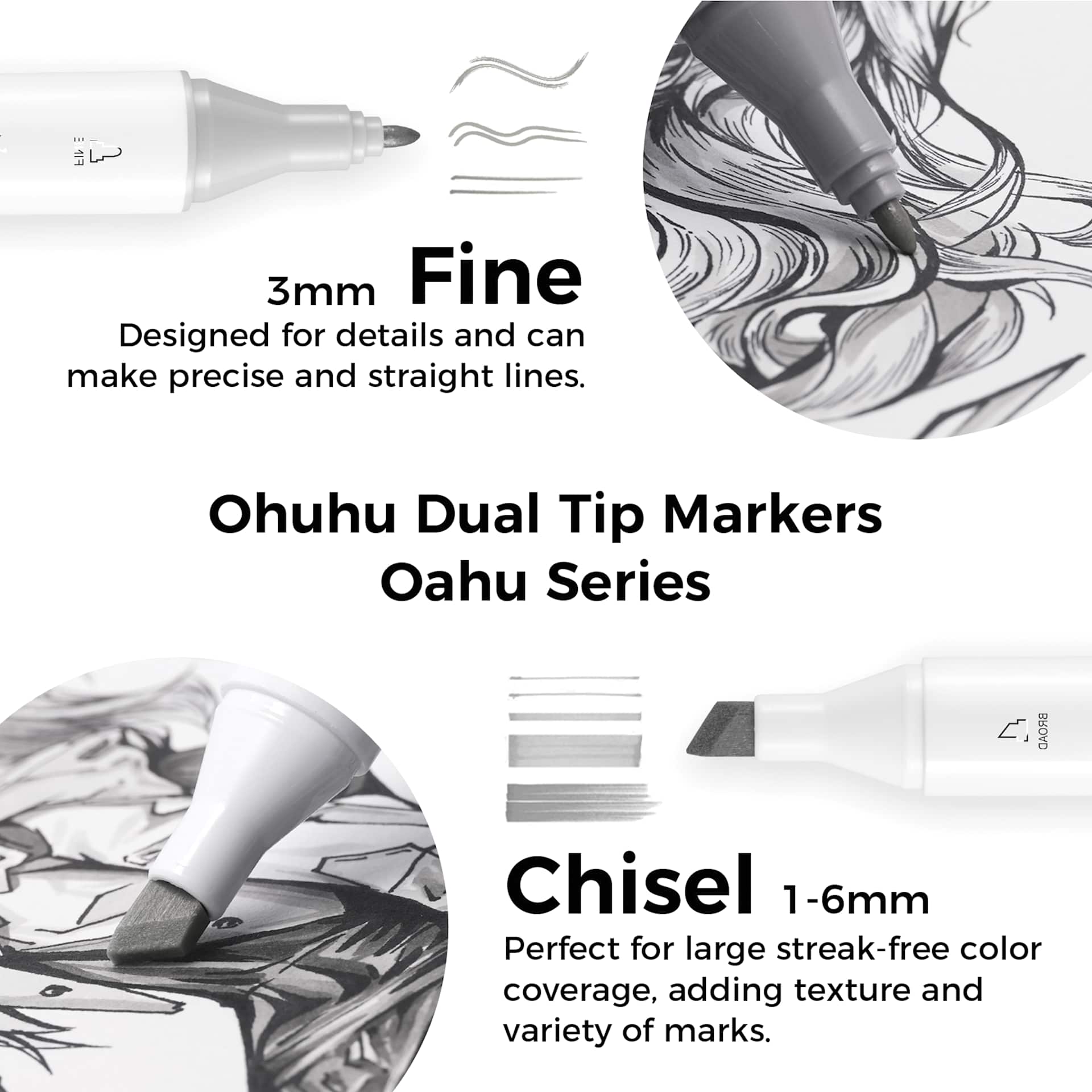 Ohuhu Oahu Dual-Tip Marker Set - Set of 36, Grayscale Colors, fine and chisel tip features