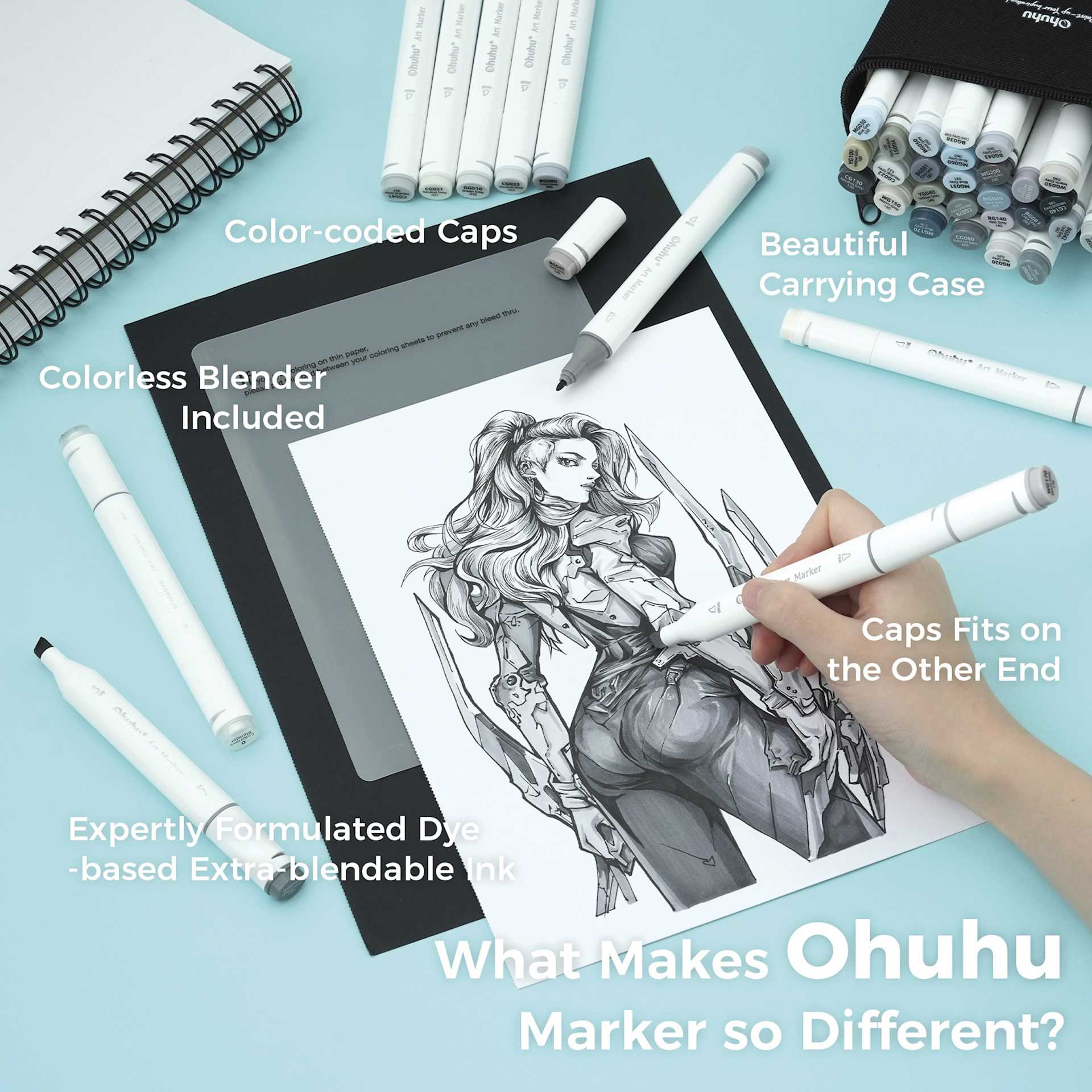 Ohuhu Oahu Dual-Tip Marker Set - Set of 36, Grayscale Colors, female character drawing
