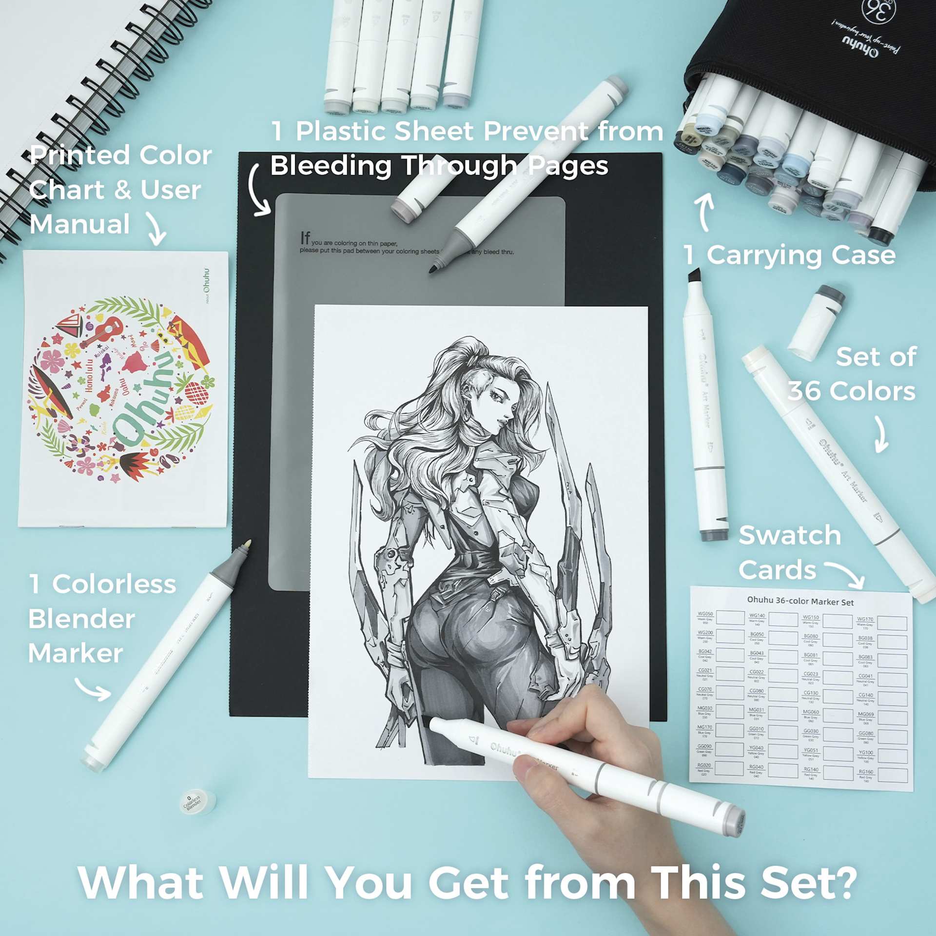 Ohuhu Oahu Dual-Tip Marker Set - Set of 36, Grayscale Colors, female character drawing on desk