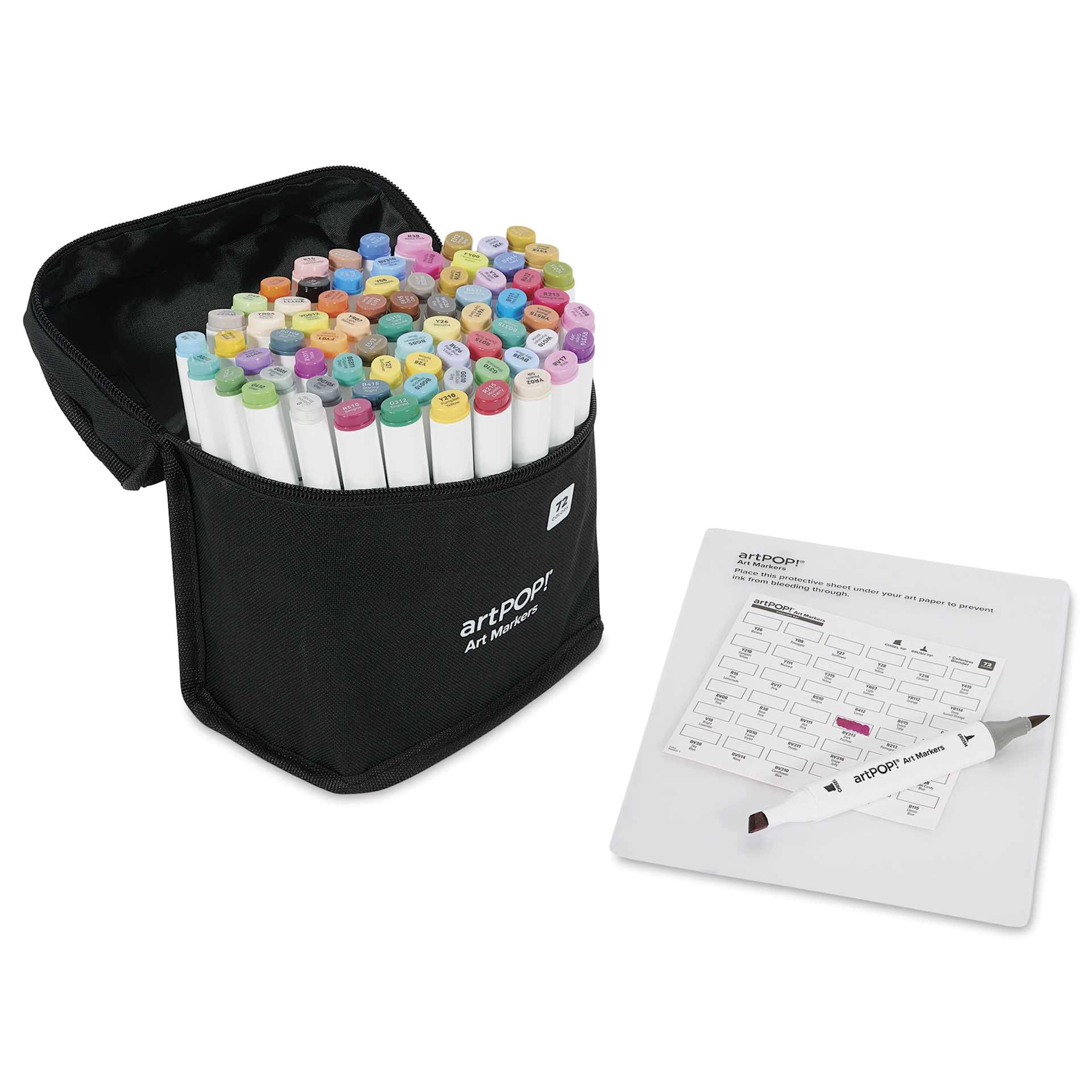 artPOP! Chisel and Brush Dual Tip Alcohol Art Marker Set - Set of 73, Assorted, swatch card next to open packaging