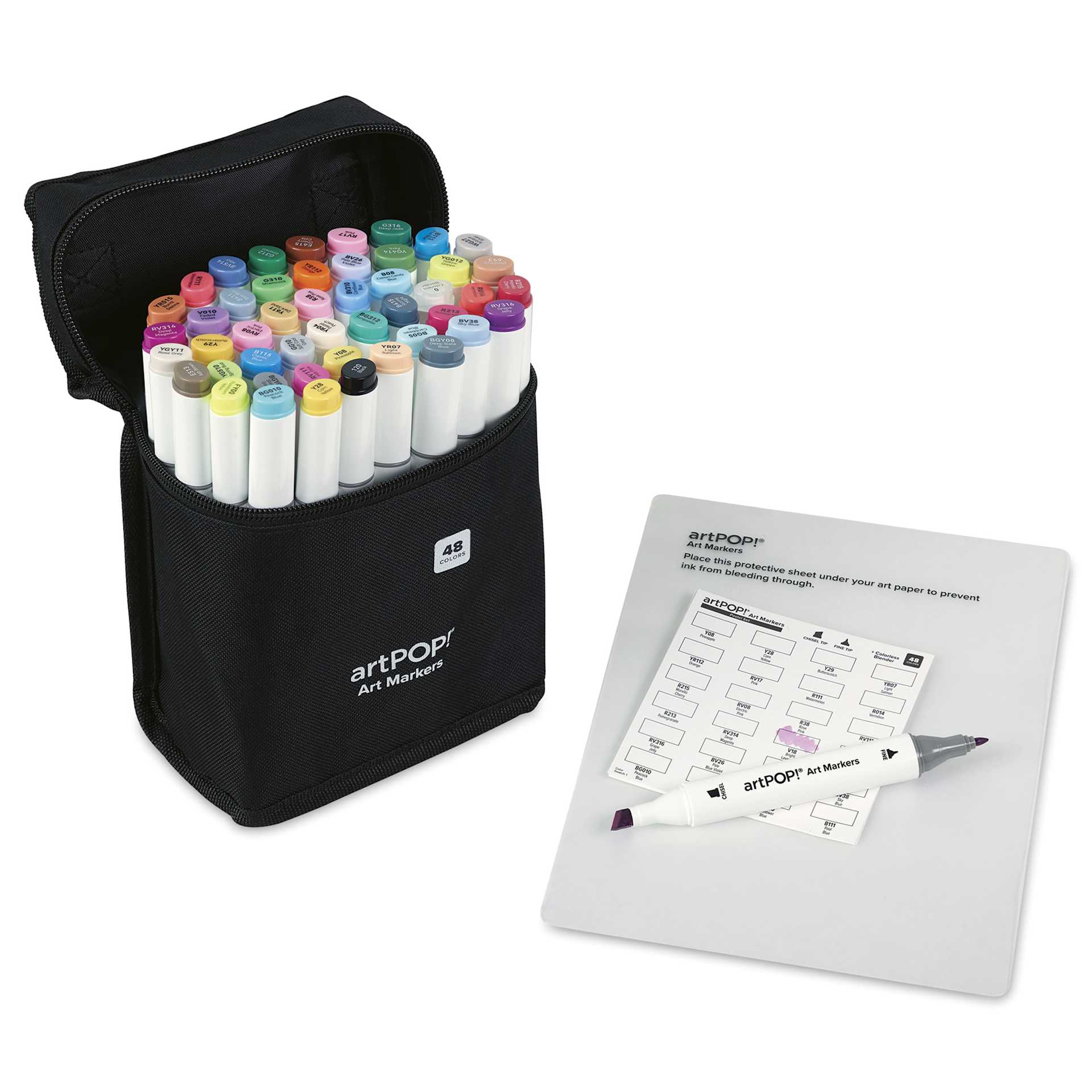 artPOP! Chisel and Fine Dual Tip Alcohol Art Marker Set - Set of 49, Assorted, swatch card next to packaging