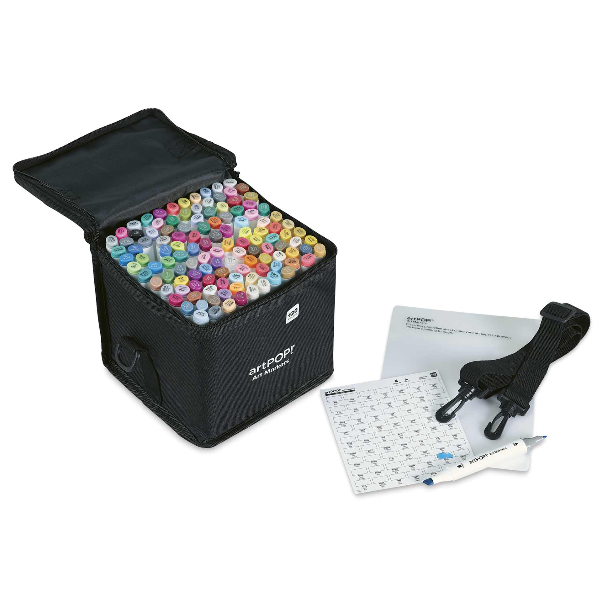 artPOP! Chisel and Fine Dual Tip Alcohol Art Marker Set - Set of 121, Assorted, swatch card next to packaging