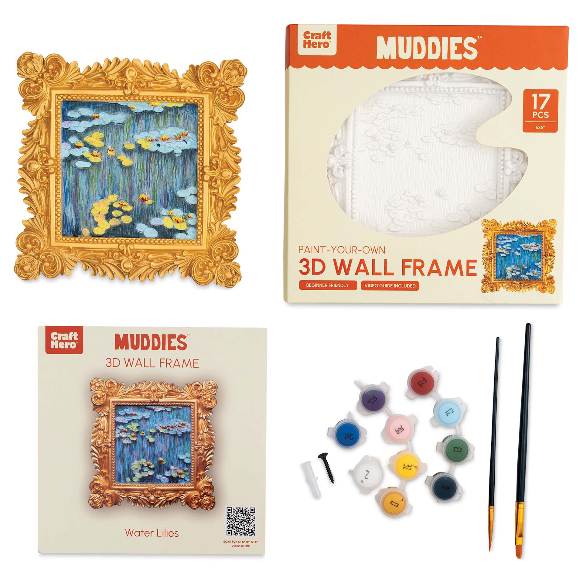 Craft Hero Muddies 3D Wall Frame Painting Kit - Water Lilies, contents and finished piece