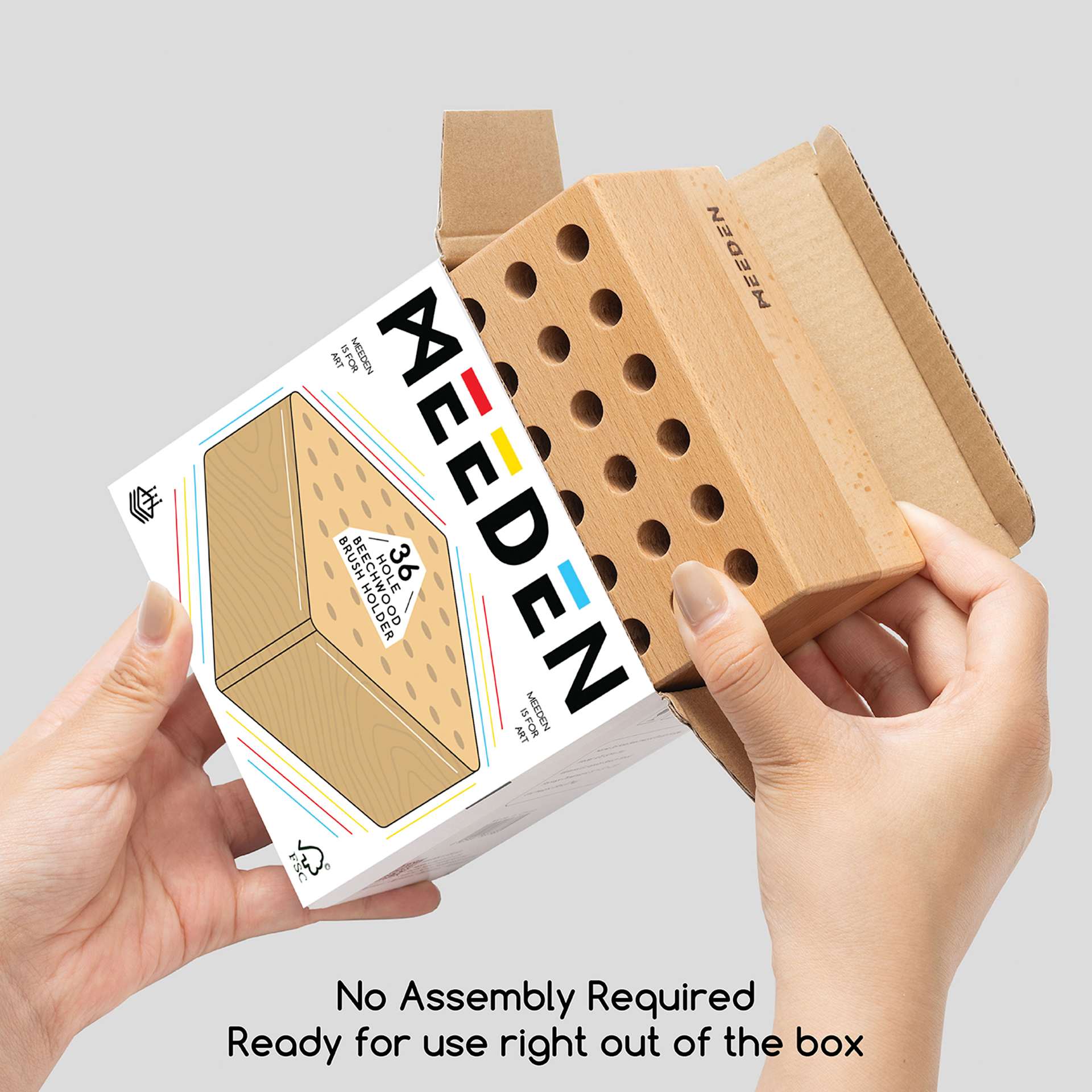 Meeden Beechwood Pencil and Brush Holder.  No assembly required. Ready to use right out of the box.