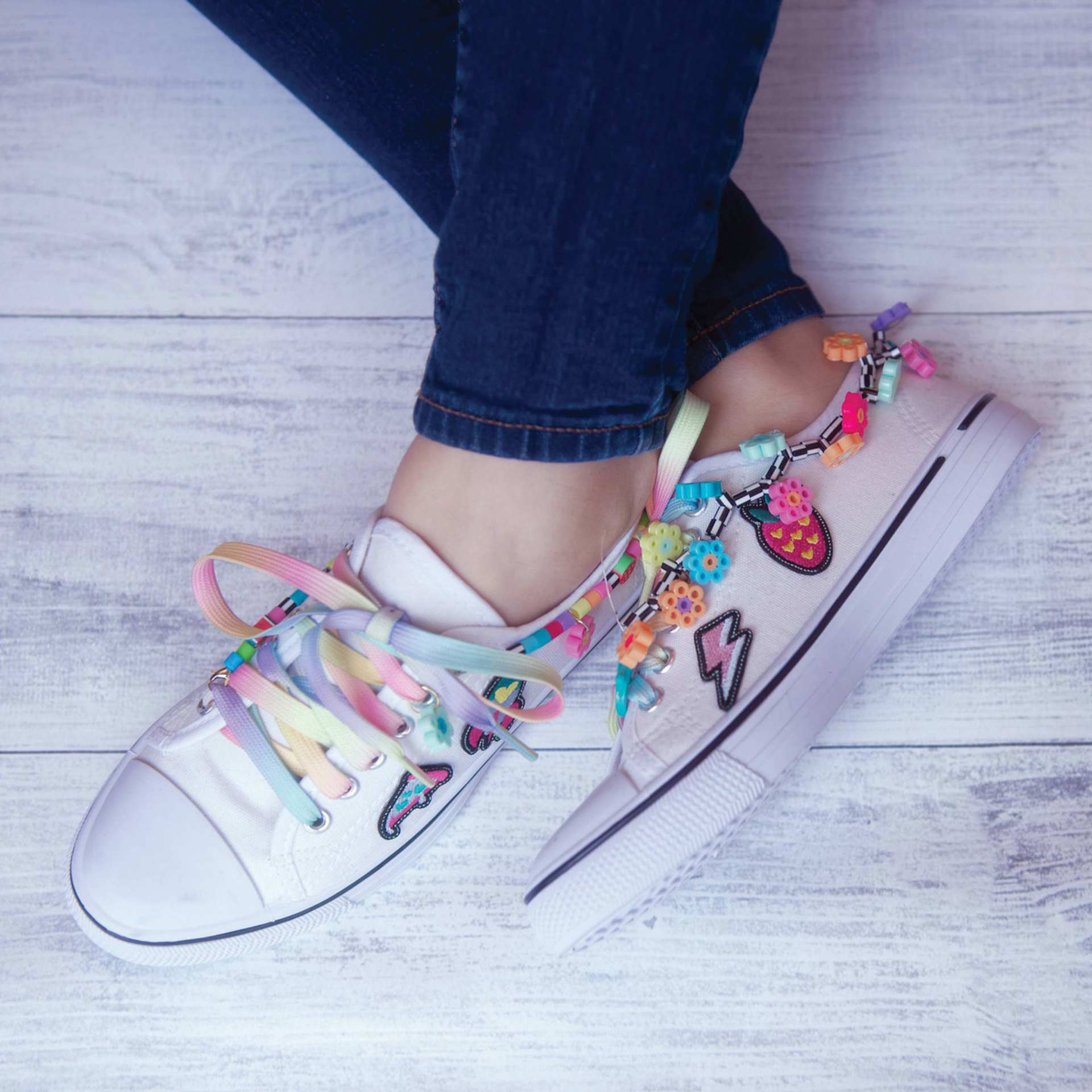 Perler Bead D.I.Y. Shoe Decoration Activity Kit decorated shoes example (shoes not included)