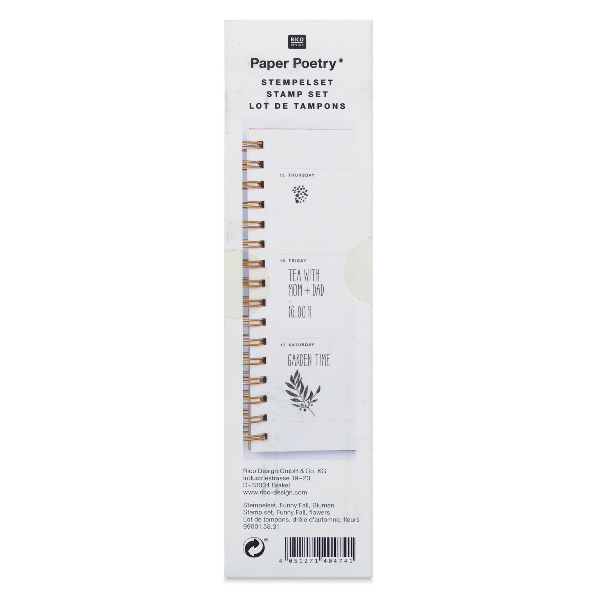 Rico Design Paper Poetry Stamp Set - Set of 7, Floral Motifs - back of packaging