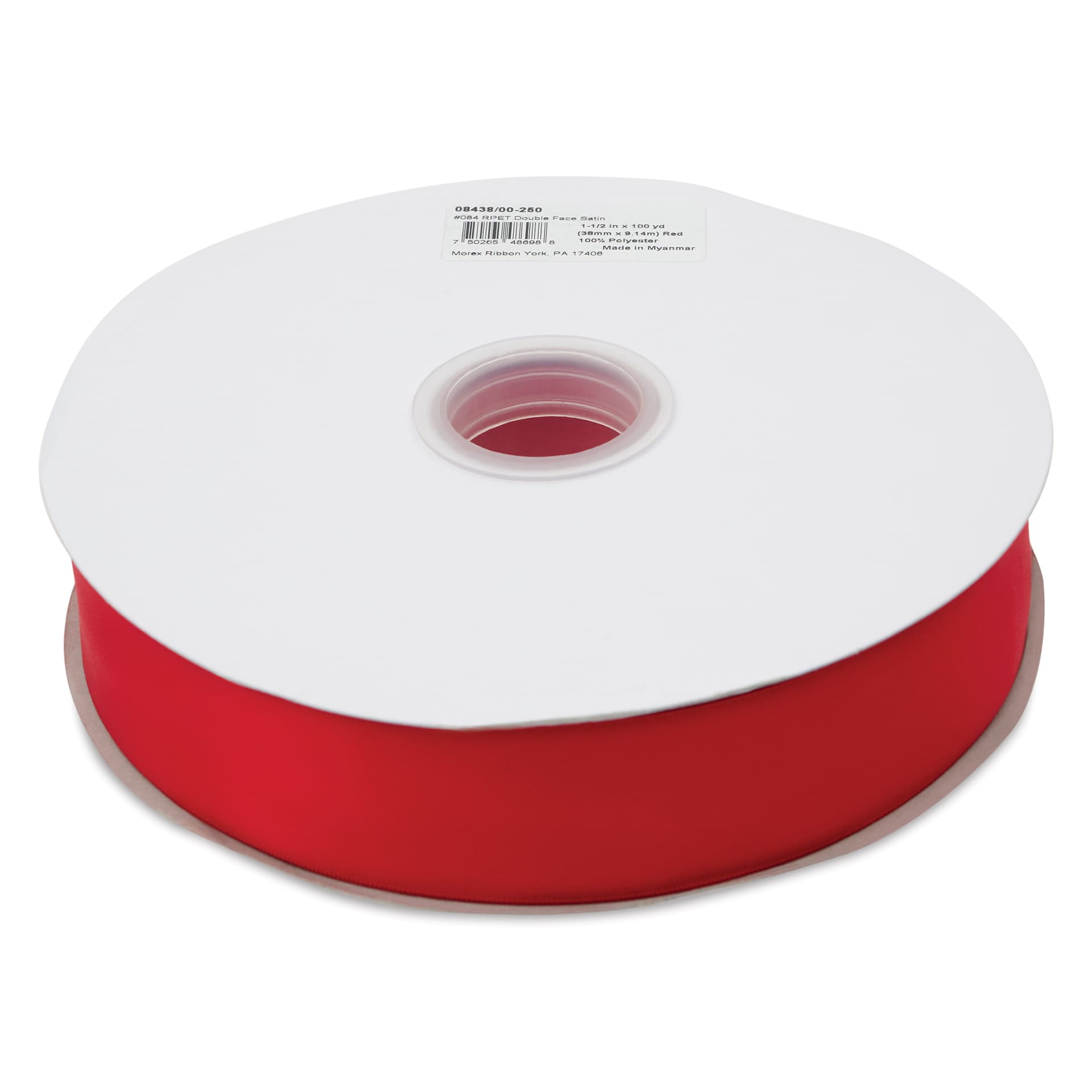 Morex Recycled Double Faced Satin Ribbon - Red, 1-1/2" x 100 yd, flat