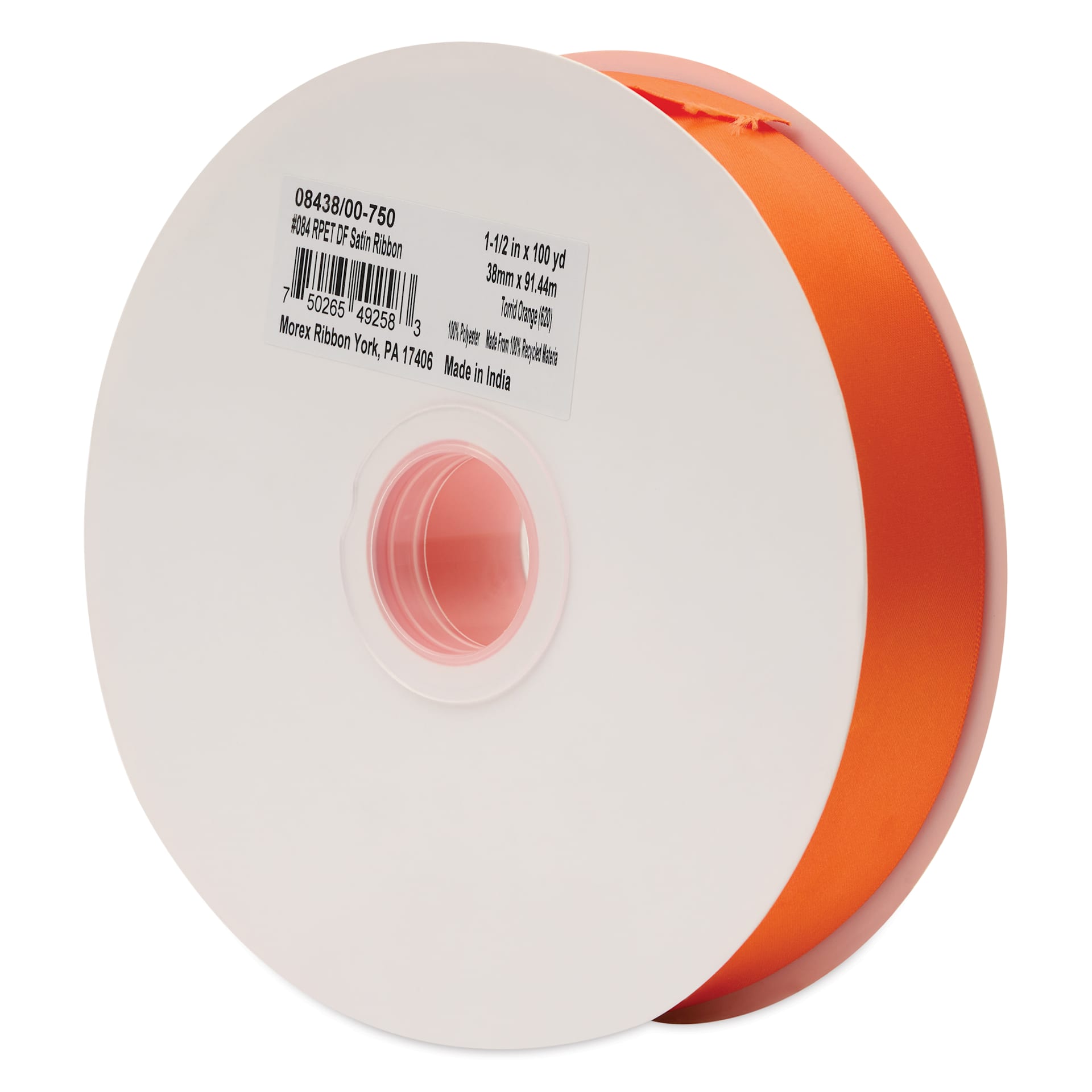 Morex Recycled Double Faced Satin Ribbon - Torrid Orange, 1-1/2" x 100 yd, at an angle