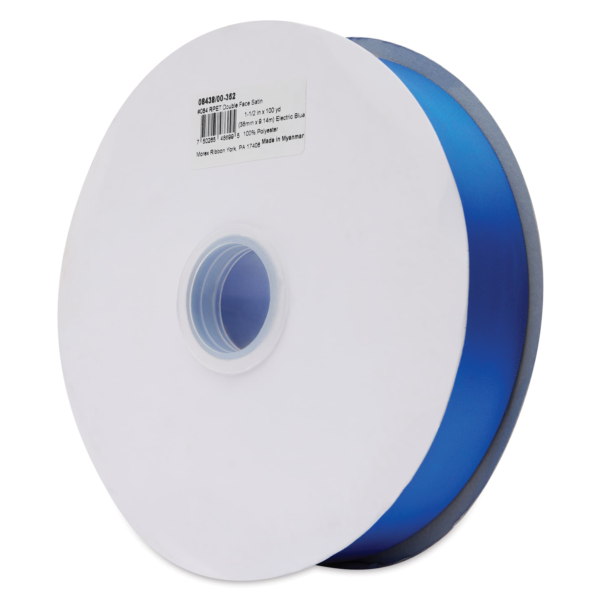 Morex Recycled Double Faced Satin Ribbon - Electric Blue, 1-1/2" x 100 yd, at an angle