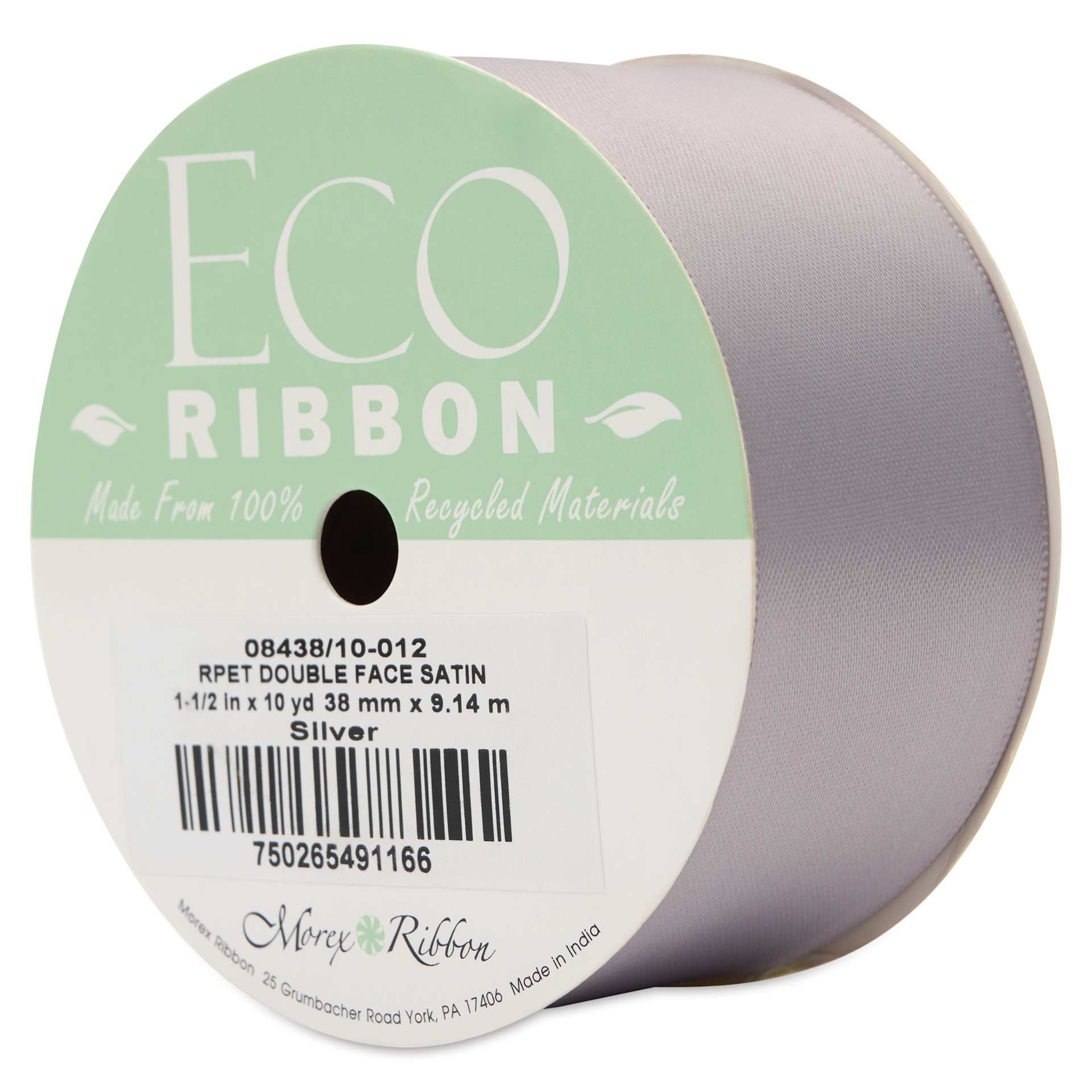 Morex Recycled Double Faced Satin Ribbon - Silver, 1-1/2" x 10 yd, at an angle
