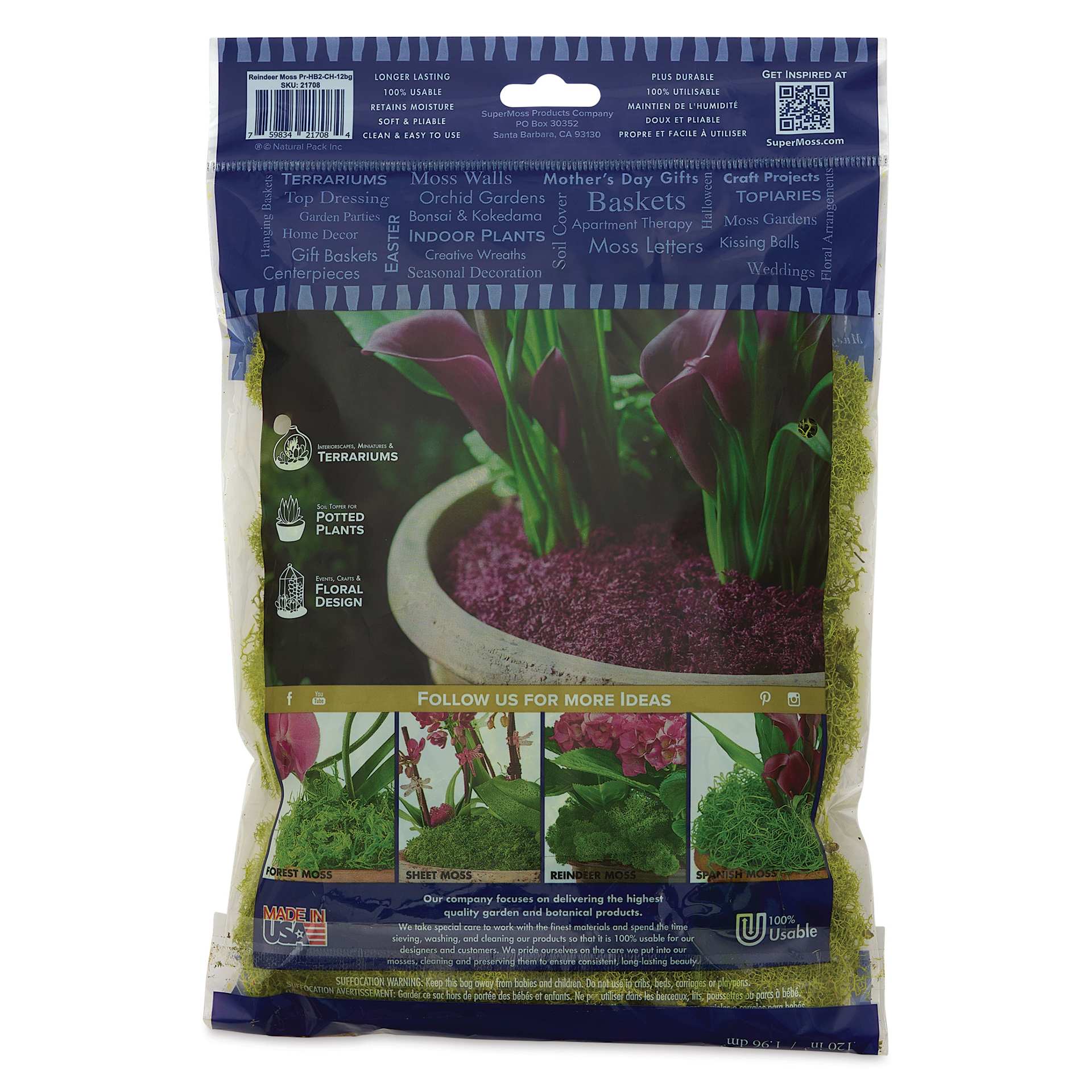 SuperMoss Preserved Reindeer Moss - Chartreuse, back of packaging