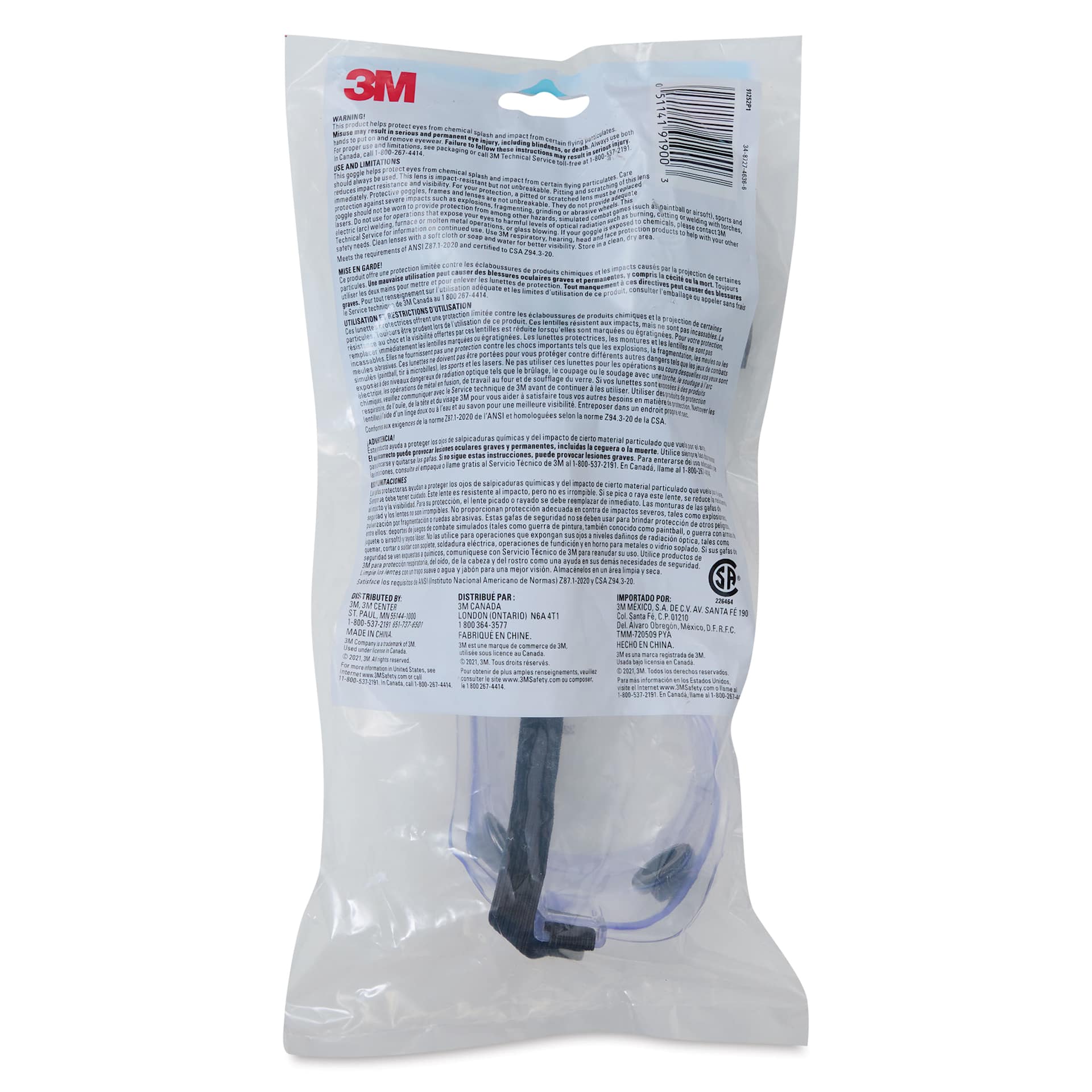 3M Chemical Splash Goggles, back of the packaging