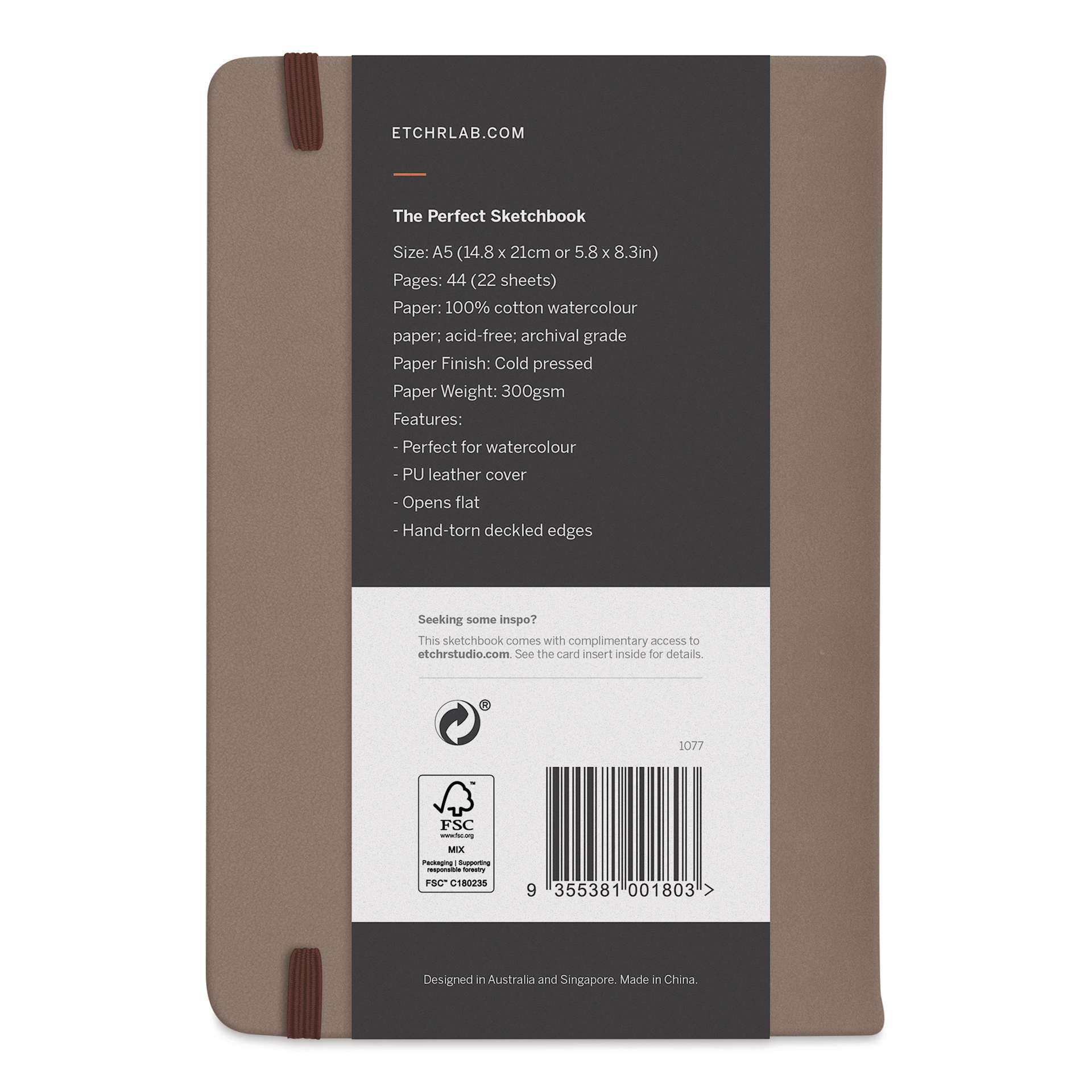 Etchr The Perfect Sketchbook with Deckle Edges - A5 Portrait, 5.8" x 8.3" Cold Press, 300 gsm, back of sketchbook