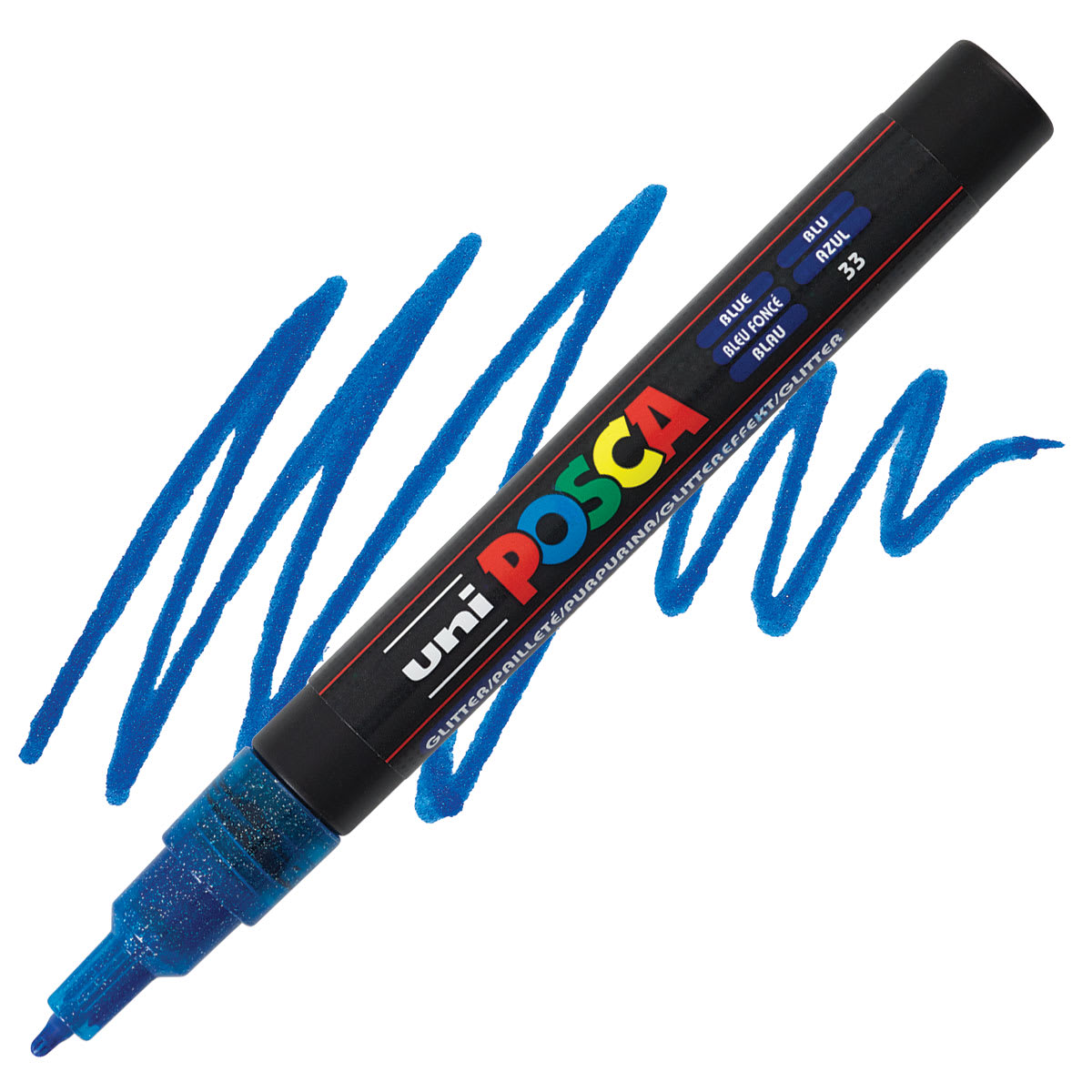 Posca Paint Marker - Glitter Blue, Fine, Bullet Tip, 0.9 mm -1.3 mm - marker and swatch
